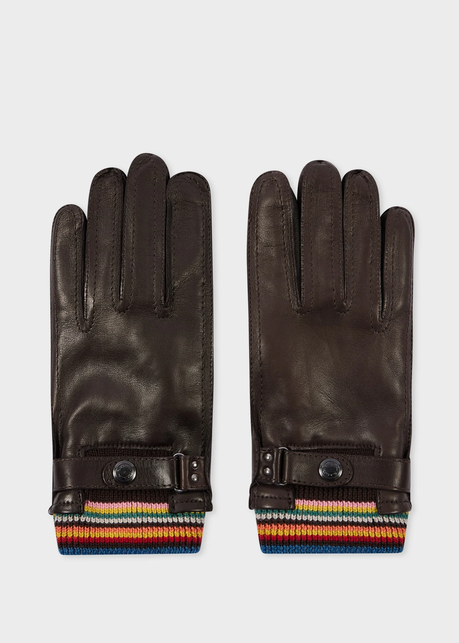 Brown Leather 'Signature Stripe' Cuff Gloves - 1