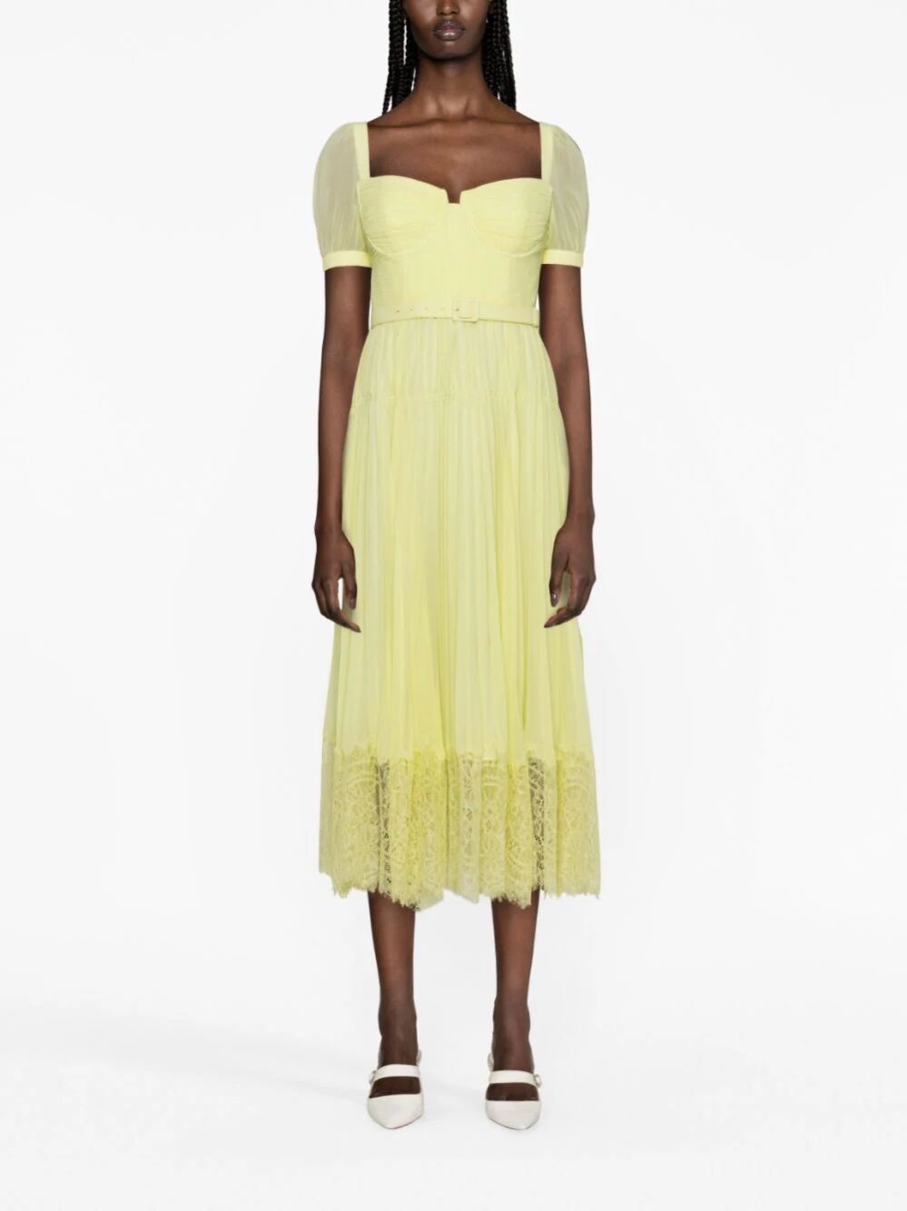self-portrait Yellow Chiffon Lace Detail Midi Dress - PF23-031M-Y |  REVERSIBLE