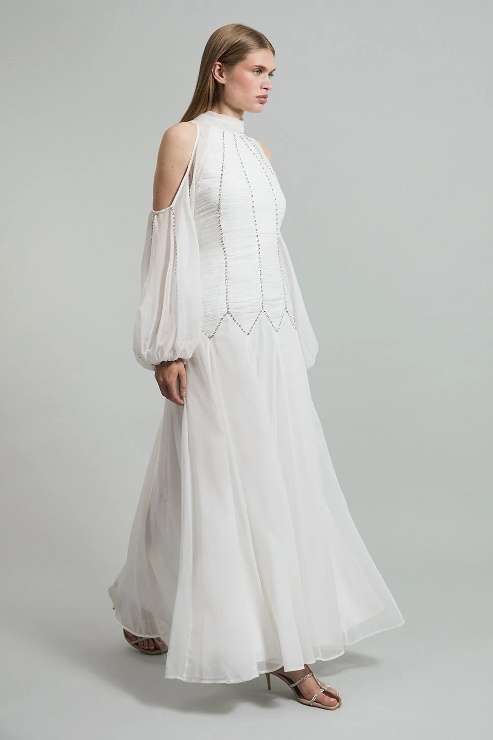 High Neck Embellished Ruched Georgette Woven Maxi Dress - 1