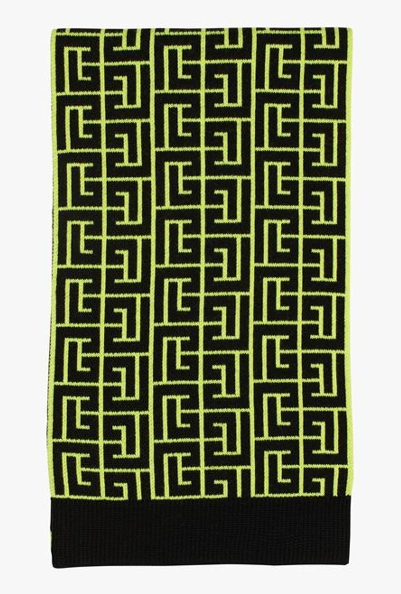 Capsule After ski - Neon yellow and black wool scarf with Balmain monogram pattern 1