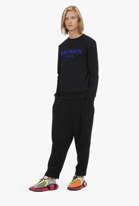 Black cotton sweatshirt with blue velvet Balmain logo - 2