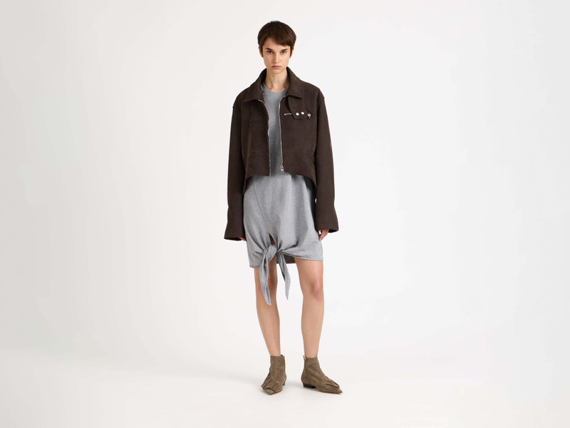 JW Anderson WOMENS CURVED HEM CROPPED BIKER JACKET IN BROWN outlook