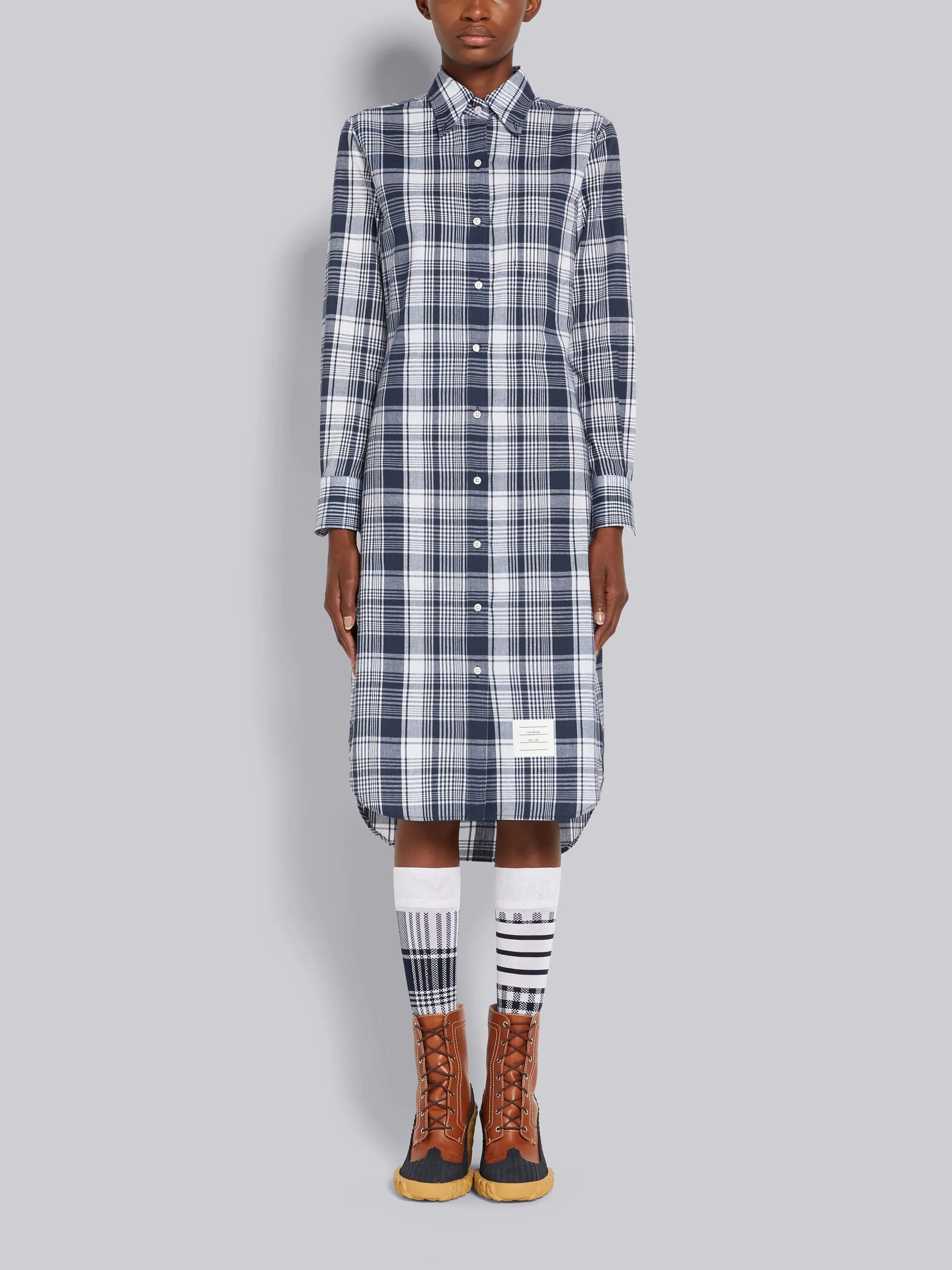 Navy Hairline Madras Check Point Collar Knee Length Shirtdress - 1