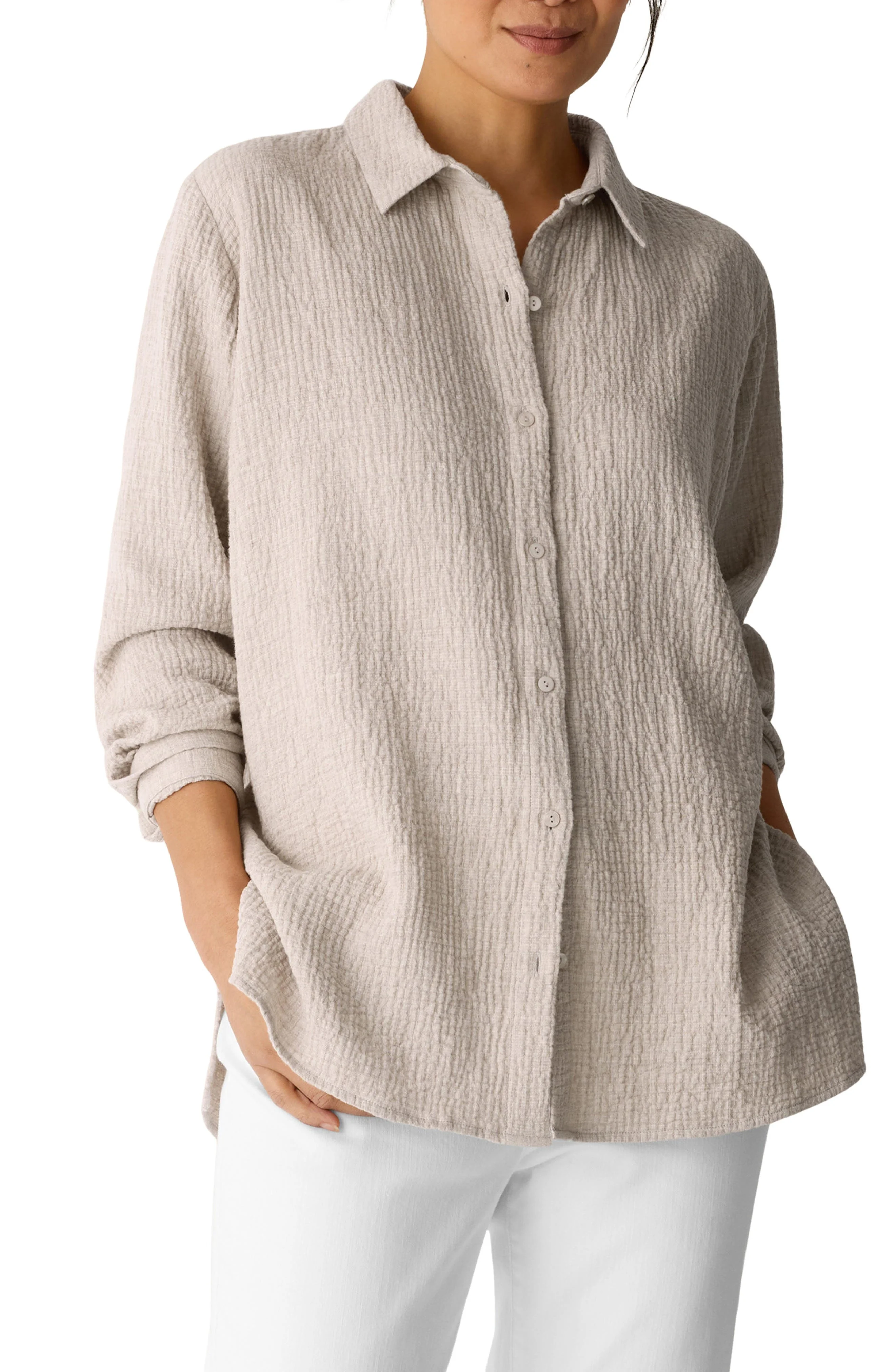 Eileen Fisher Classic Collar Stretch Organic Cotton Button-Up Shirt in Dove at Nordstrom - 1