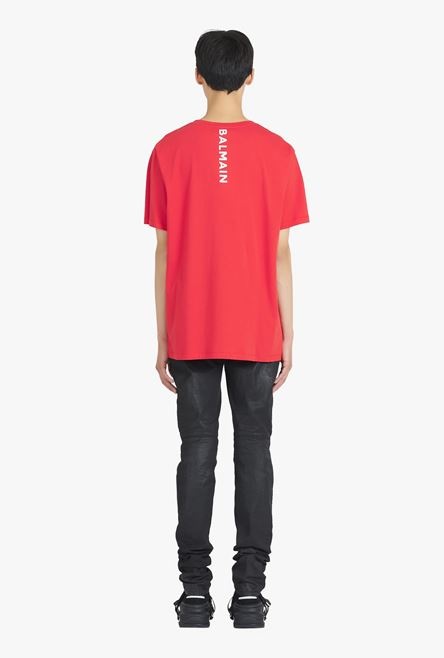 Oversized red eco-designed cotton T-shirt with white Balmain logo print - 3