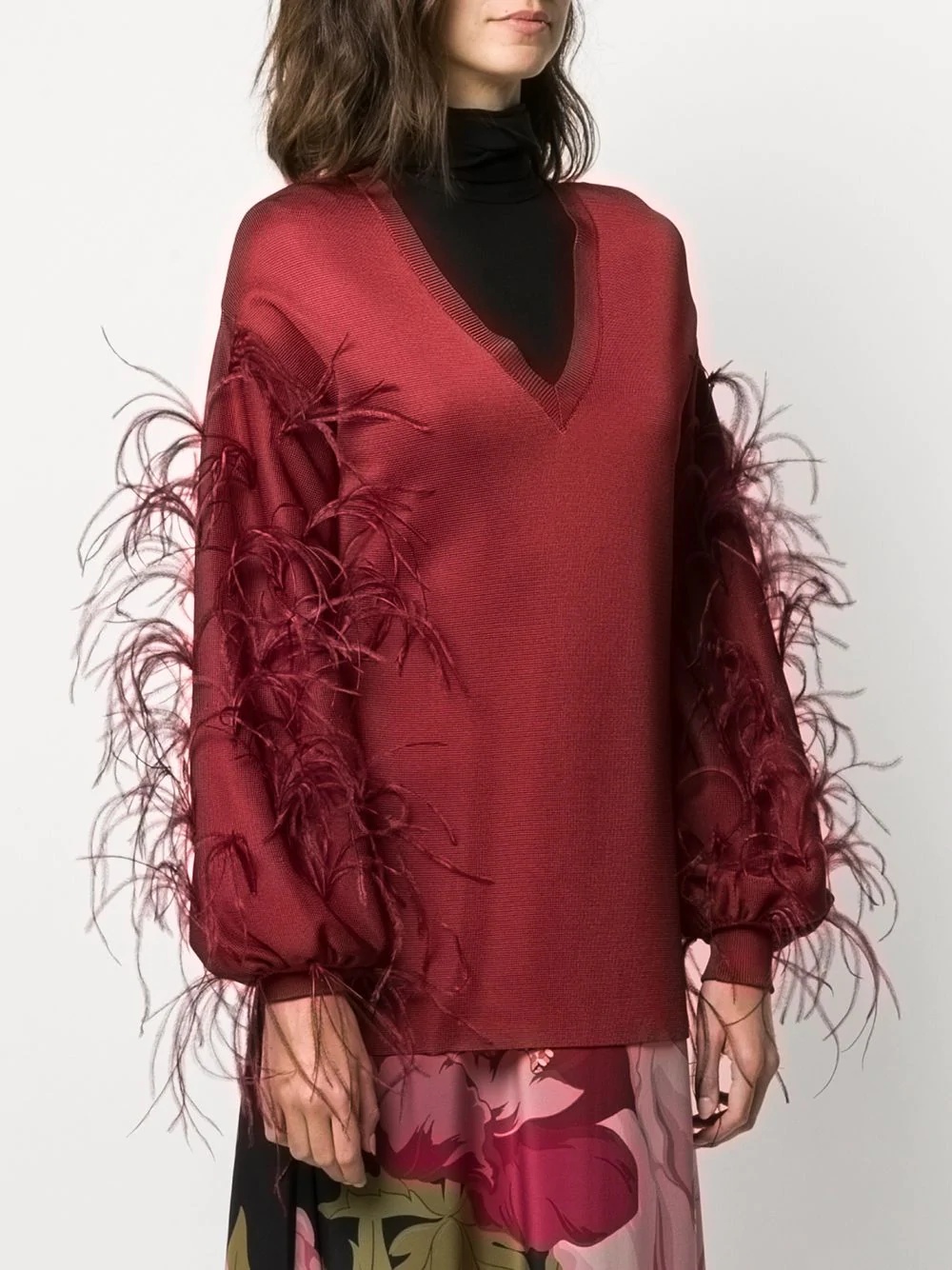 ostrich feather embellished V-neck jumper - 3