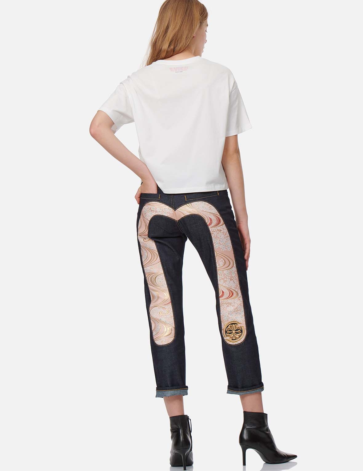 SAKURA-PATTERN BROCADE DAICOCK INSERT BOYFRIEND JEANS - 5