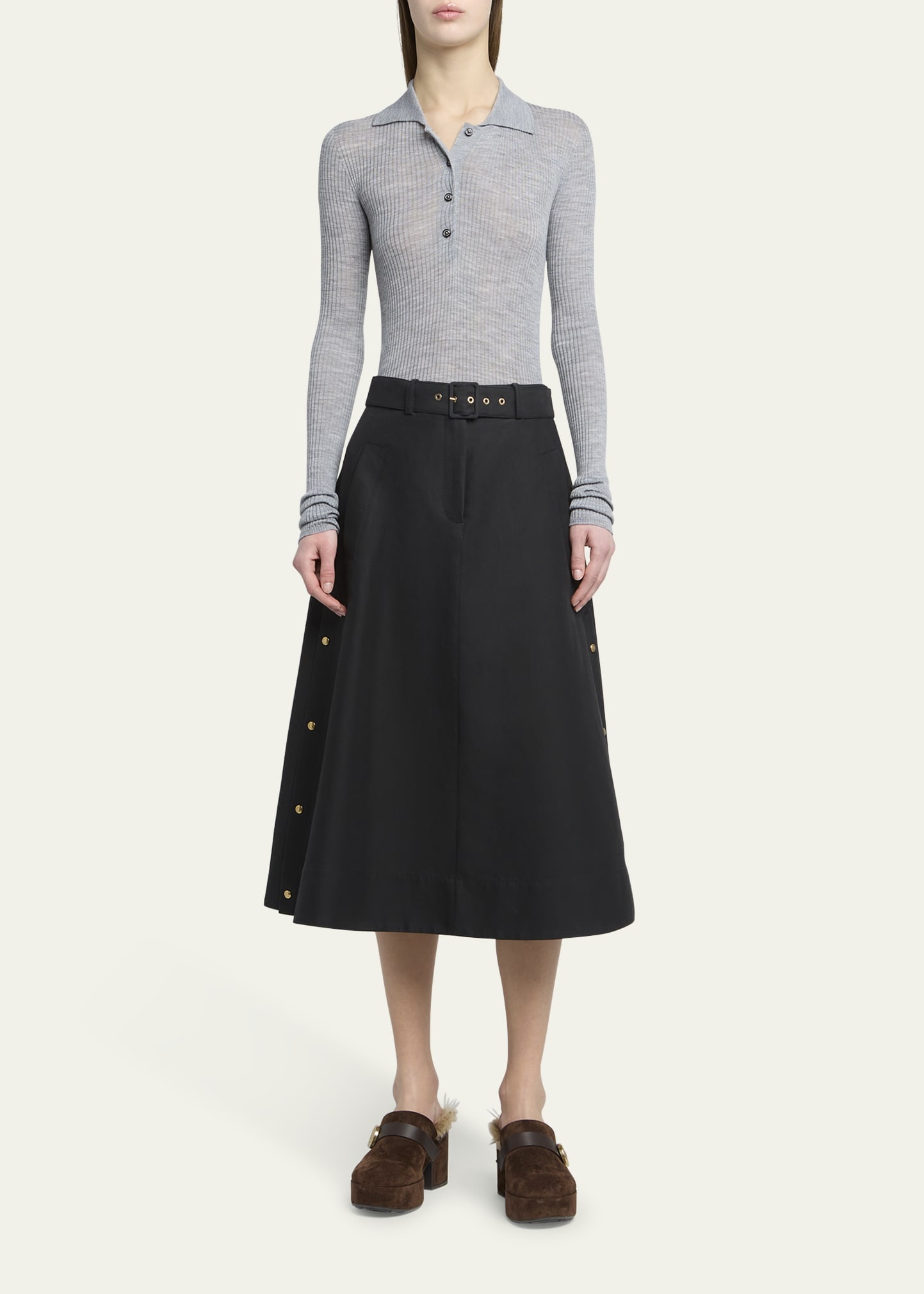 Long-Sleeve Fine Rib Polo Top - 2