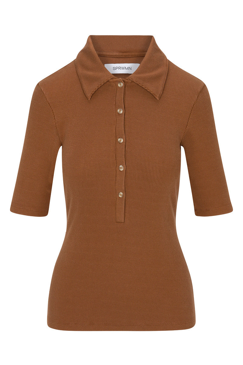 CHESTNUT RIB MID SLEEVE POLO TOP - 5