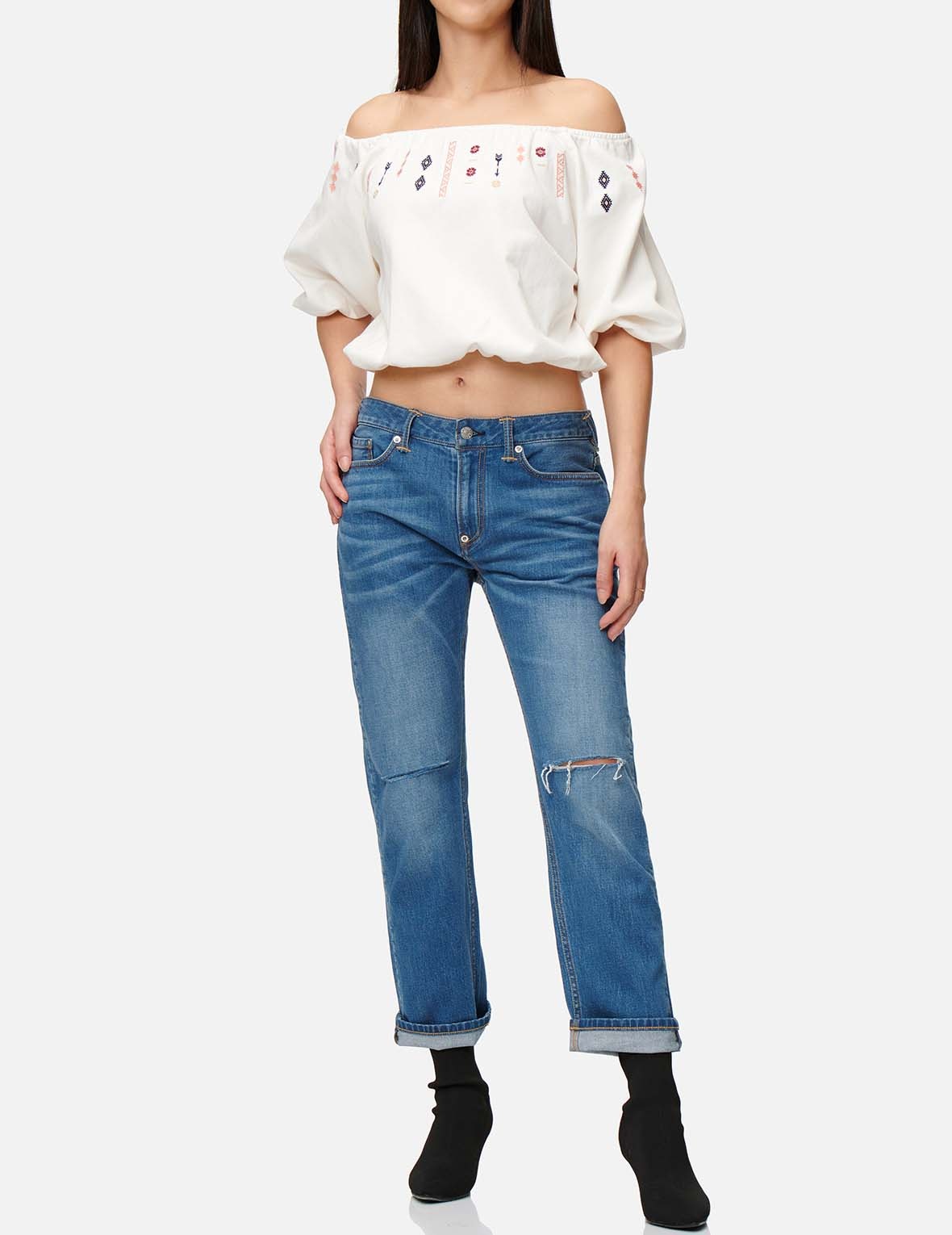 FOLKLORE PATTERN EMBROIDERED DENIM BLOUSE - 5