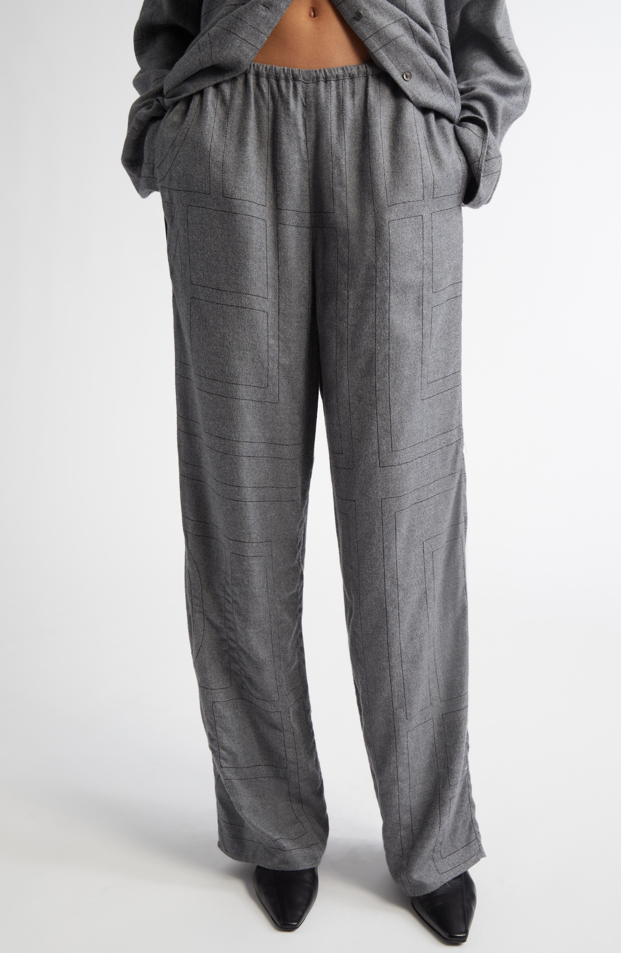 TOTEME Monogram Embroidered Flannel Wide Leg Pants in Smoke Melange at Nordstrom - 1