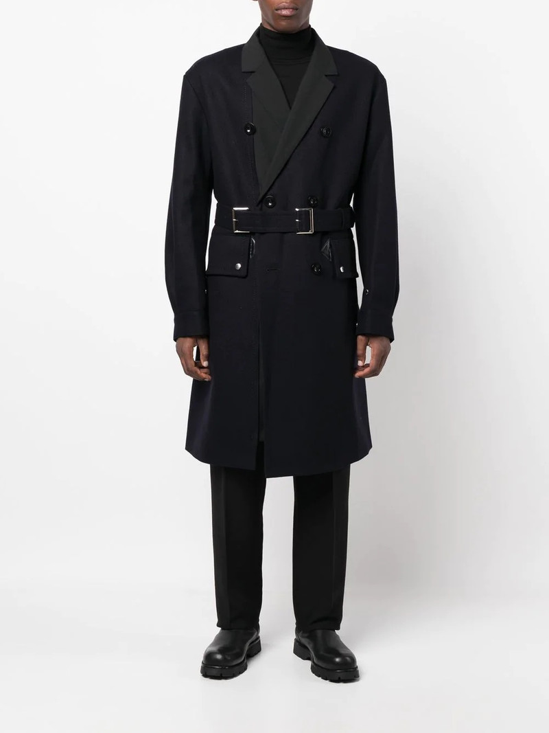 sacai belted double-breasted wool coat outlook