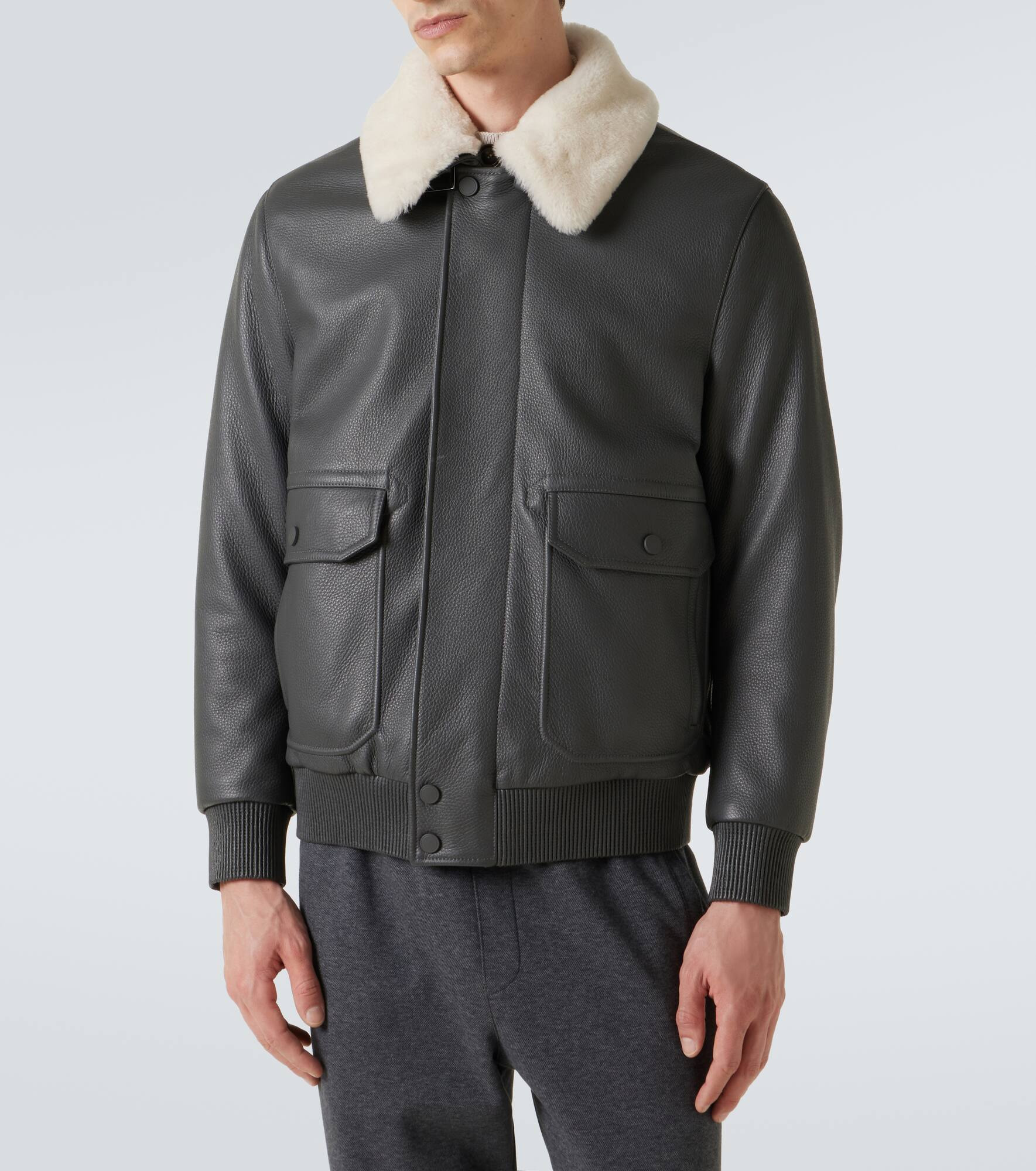 Shearling-trimmed leather bomber jacket - 3