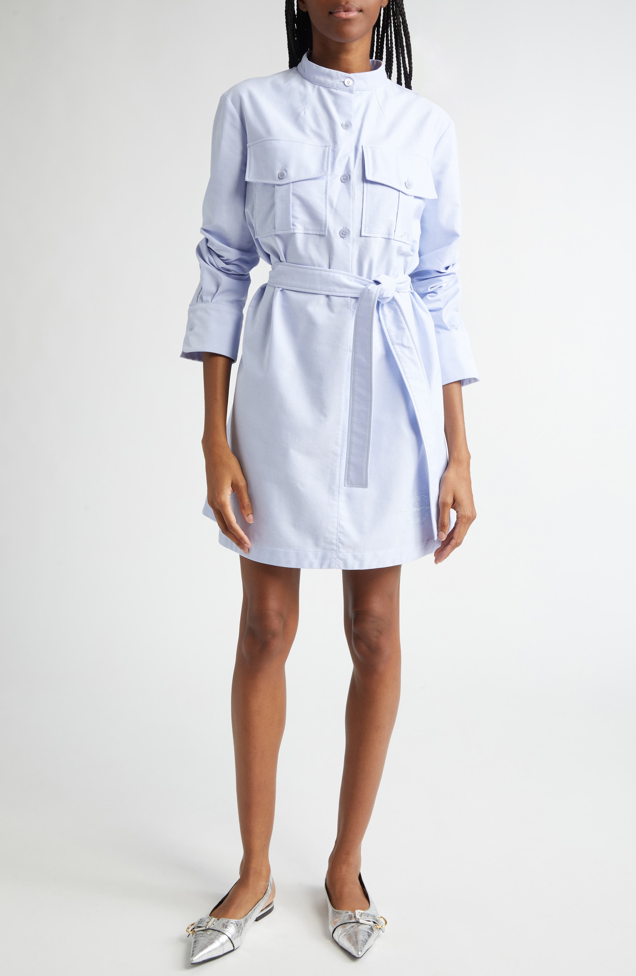 Givenchy Military Long Sleeve Cotton Oxford Mini Shirtdress in Baby Blue at Nordstrom - 1