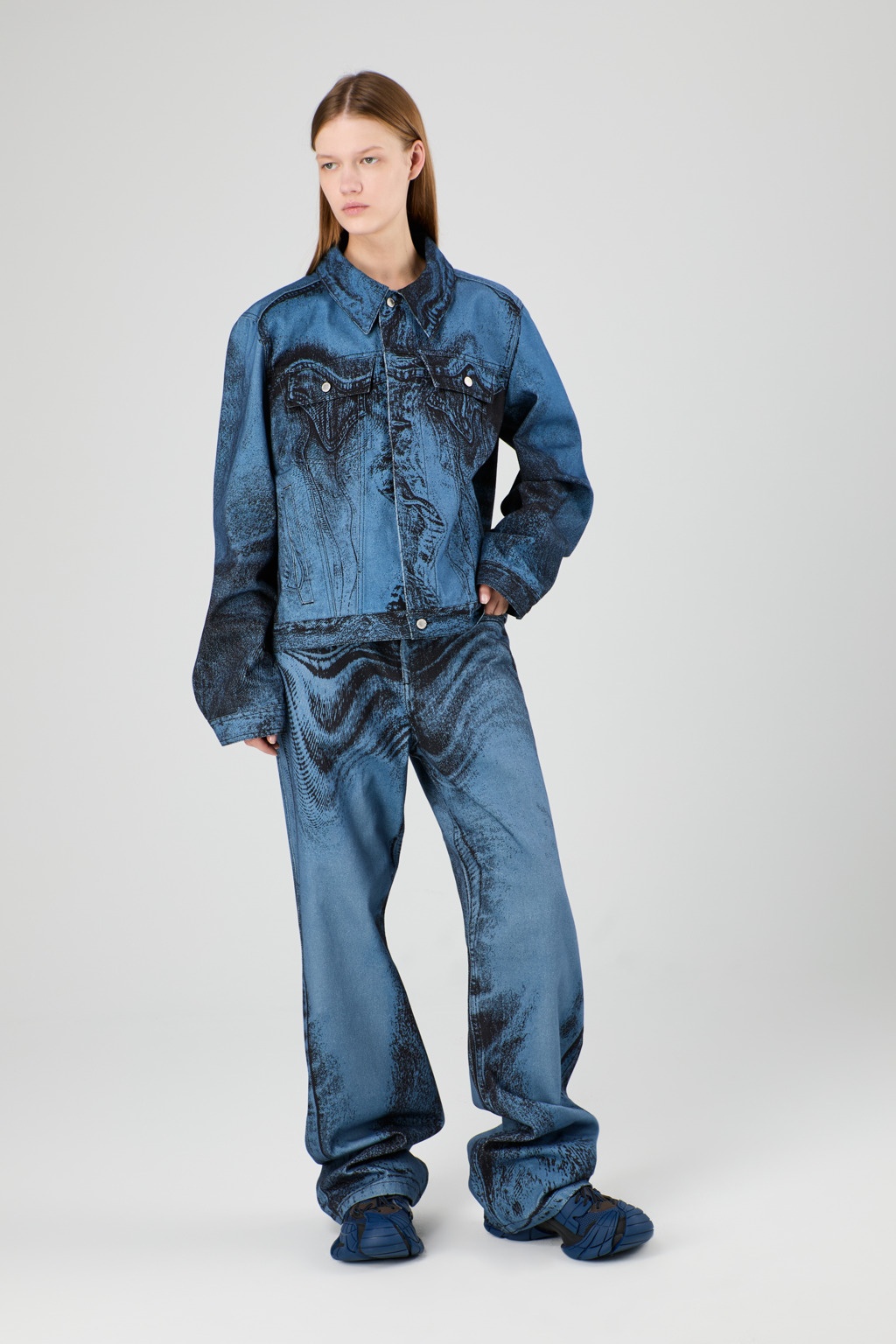 Dark Blue-Black Distorted Print Denim Jacket - 6