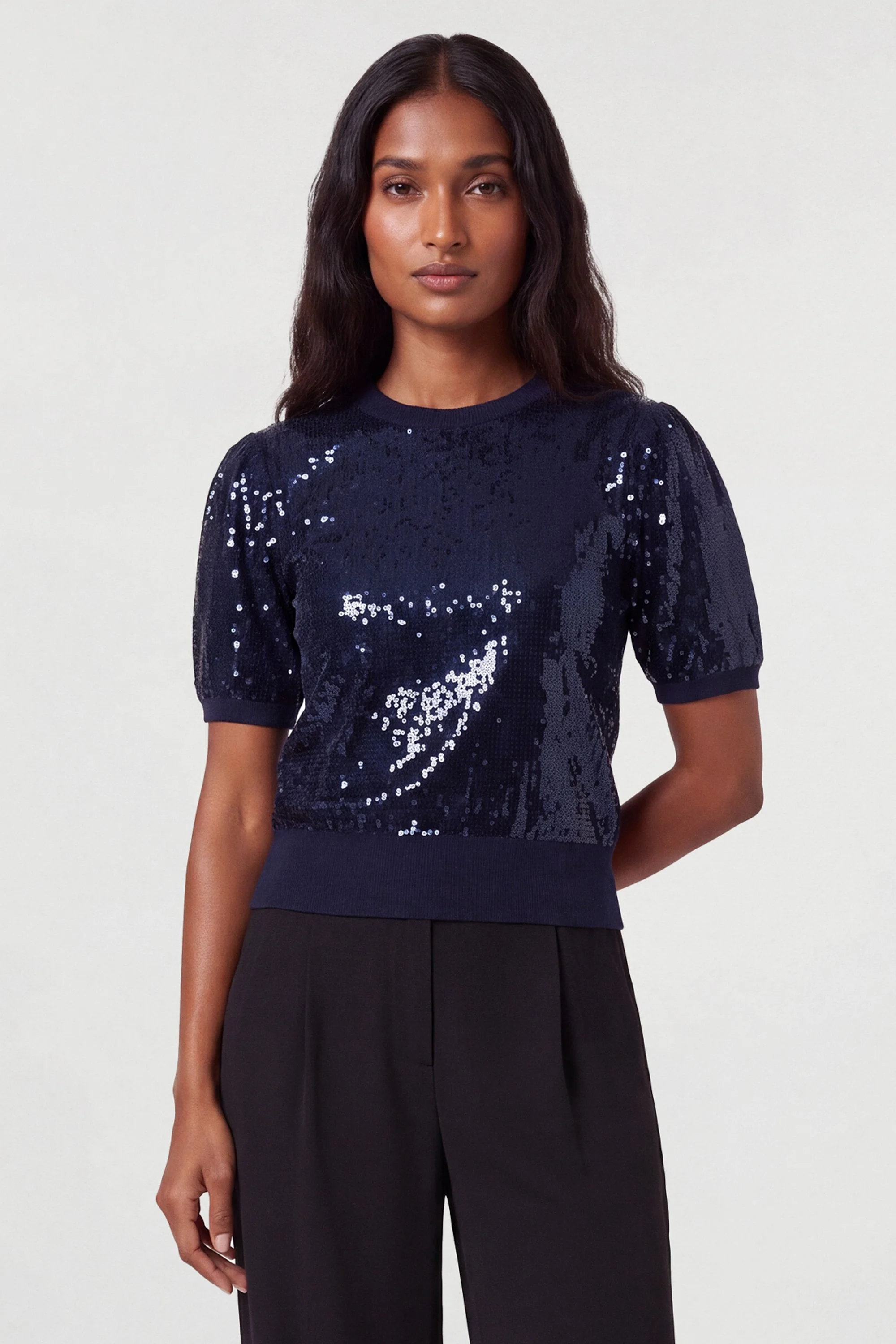Knitted Sequin Puff Sleeve Top - 1
