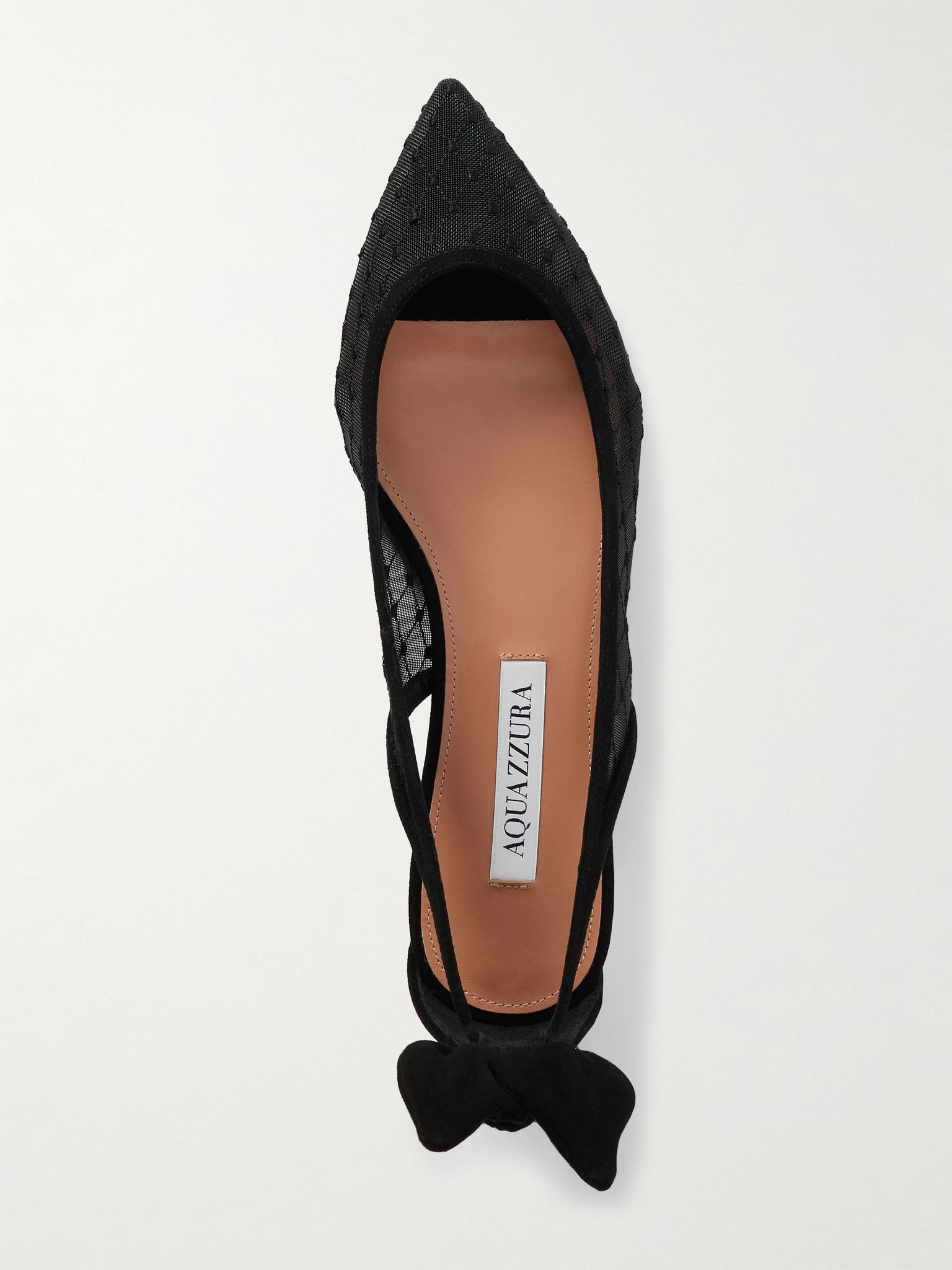 Bow Tie suede-trimmed fishnet pointed-toe ballet flats Black - 5