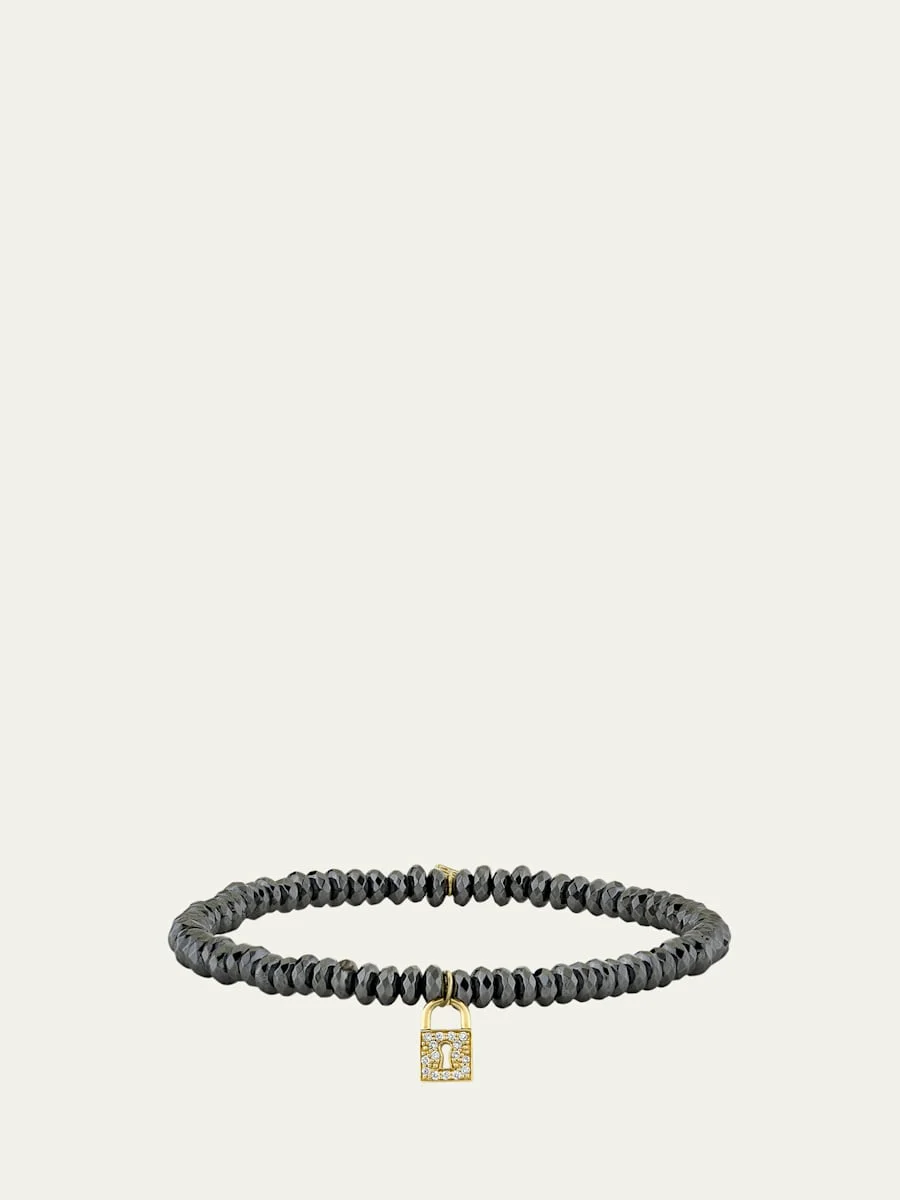 Hematite and 14K Gold Medium Keyhole Lock Diamond Charm Bracelet - 1
