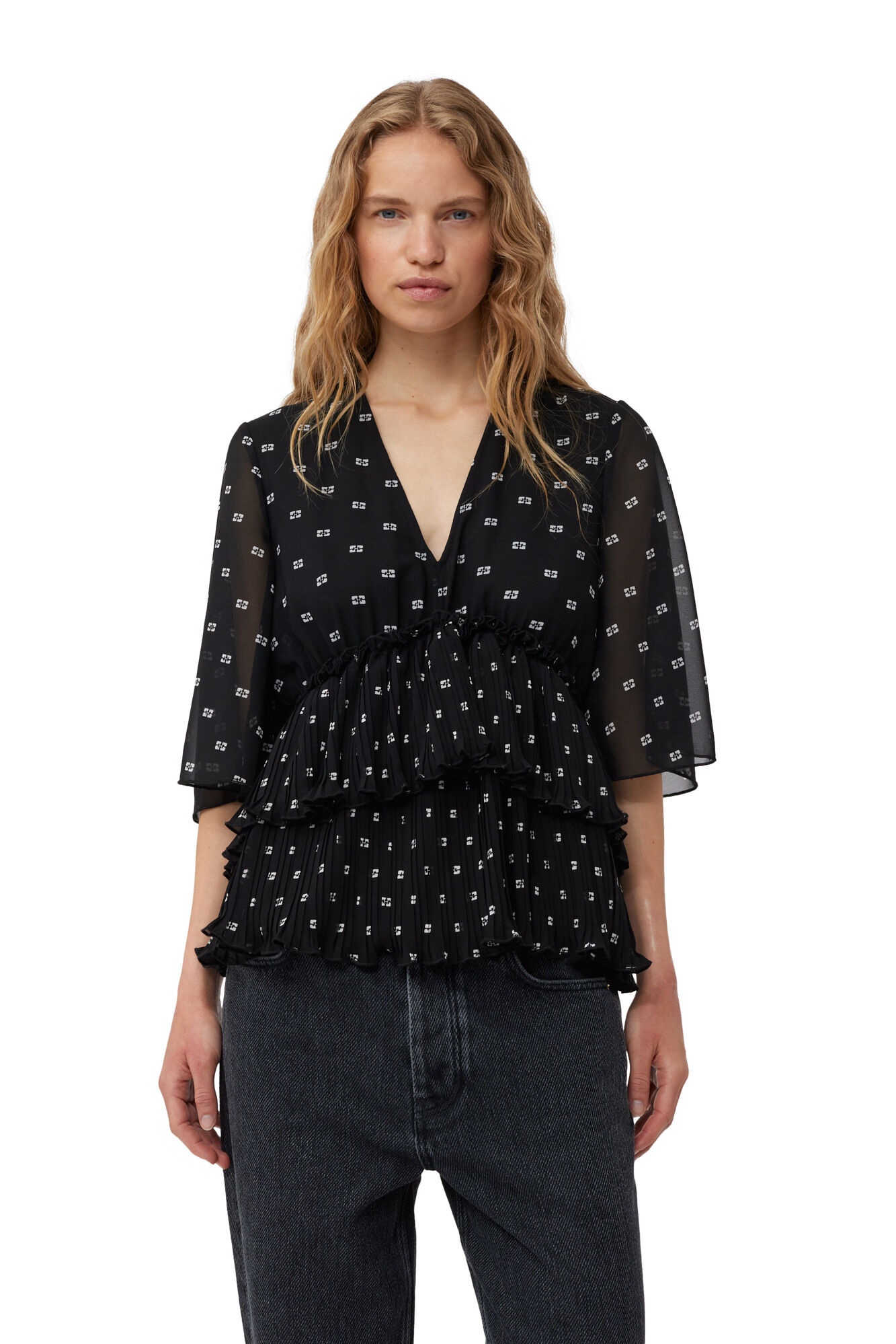 BLACK PLEATED GEORGETTE V-NECK FLOUNCE BLOUSE - 3