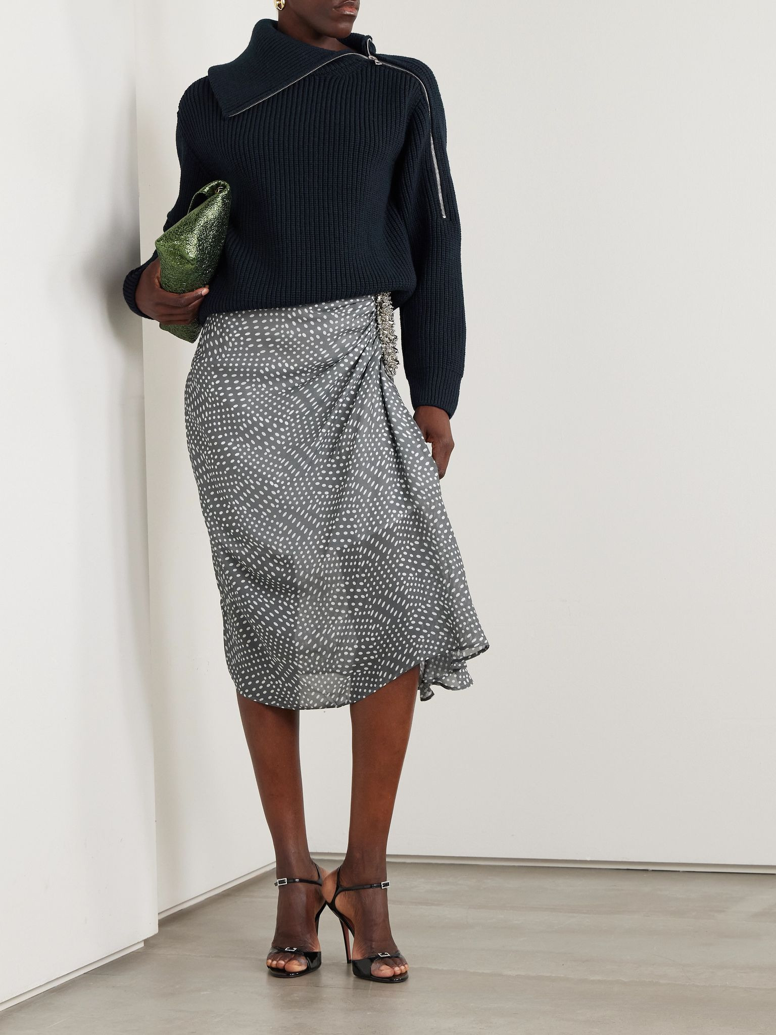 Embellished draped gathered polka-dot georgette skirt Gray - 2