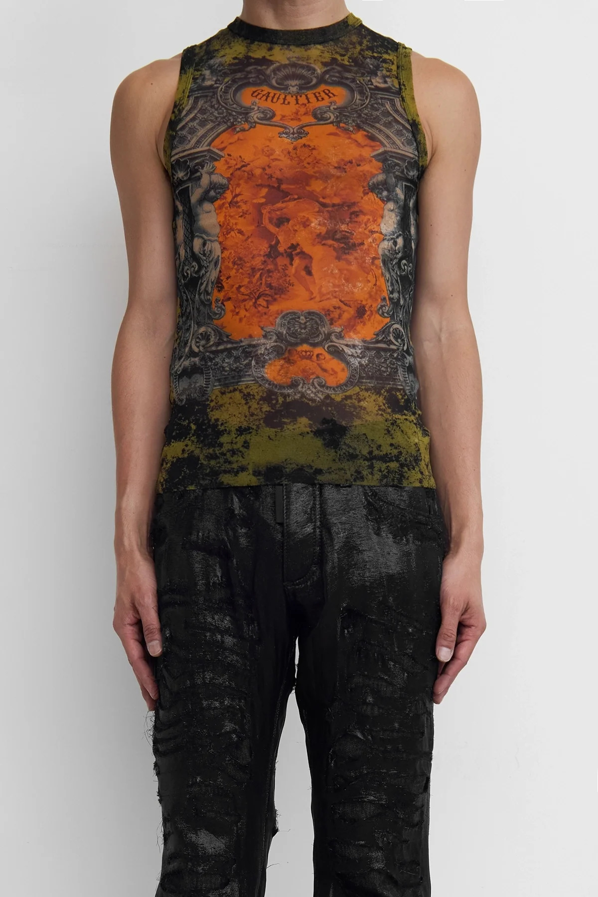 Jean Paul Gaultier 'The "Médaillon' Mesh Tank Top Black/Khaki/Orange - 4