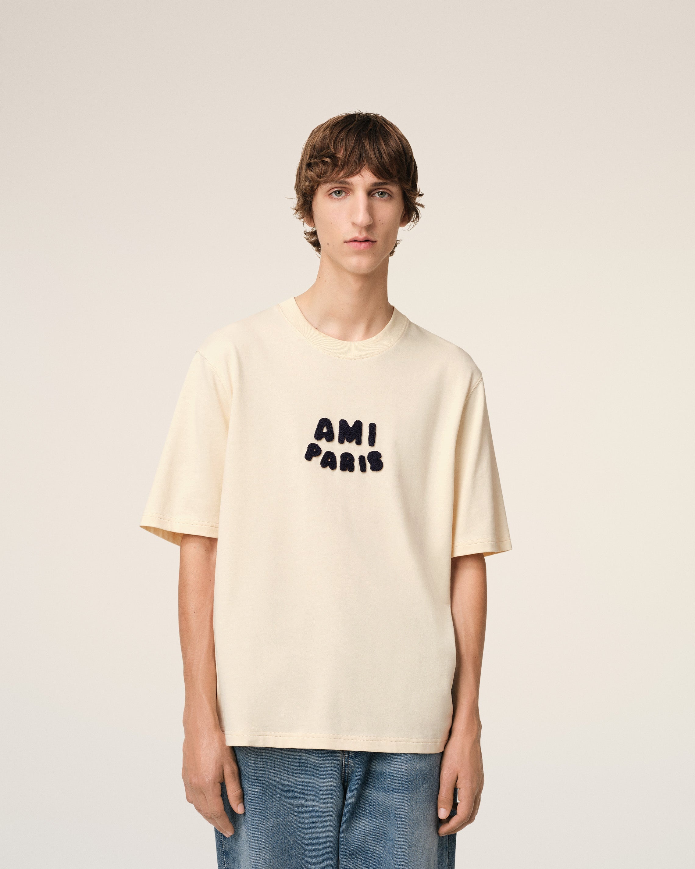 BEIGE COTTON AMI PARIS PATCH T-SHIRT - 3