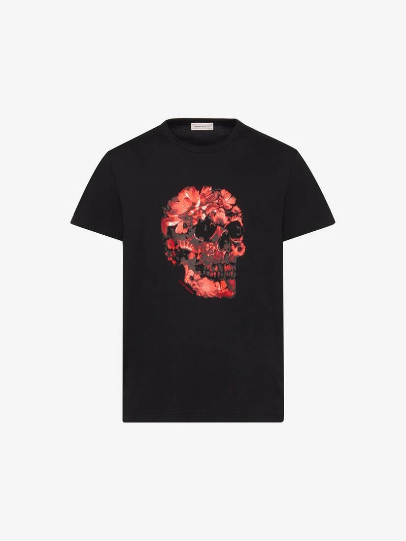 Alexander McQueen Men's Wax Flower Skull T-shirt in Black/red outlook