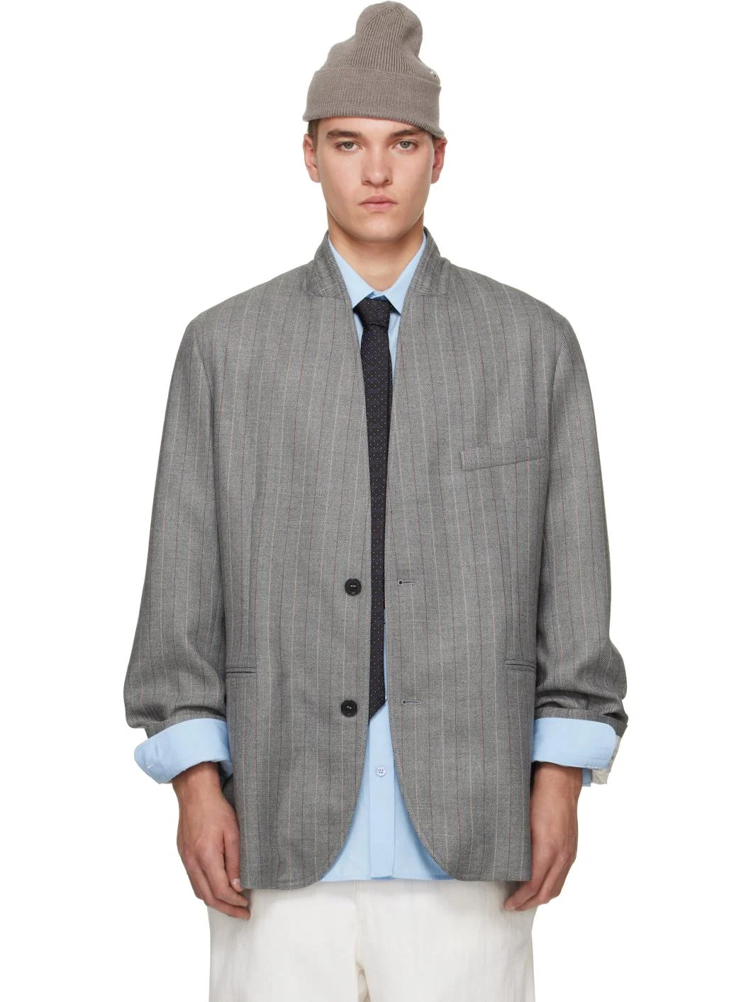 Gray Striped Herringbone Blazer - 1