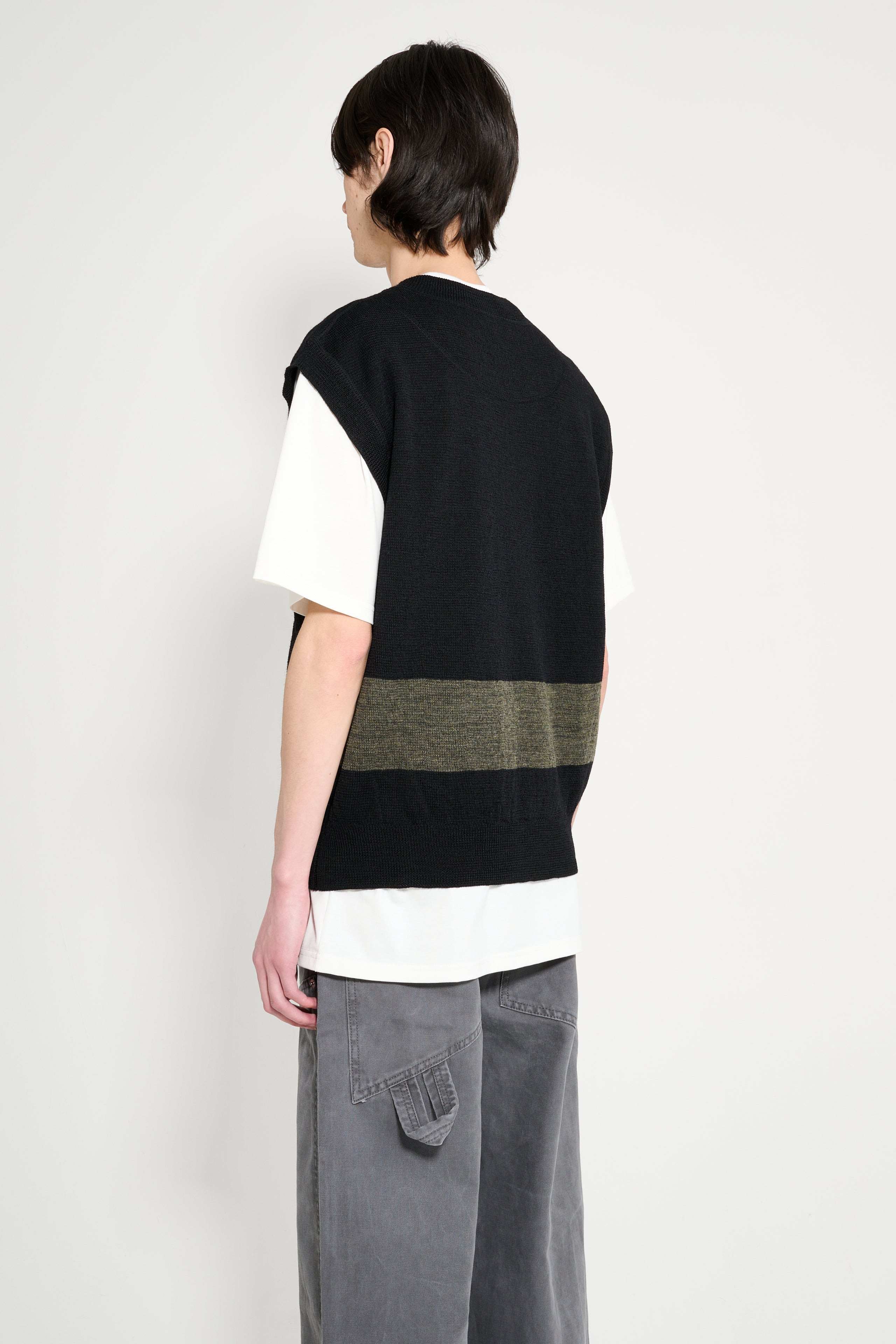 MARGARET HOWELL MHL BLOCK STRIPE SLIPOVER DRY WOOL BLACK / OLIVE - 3