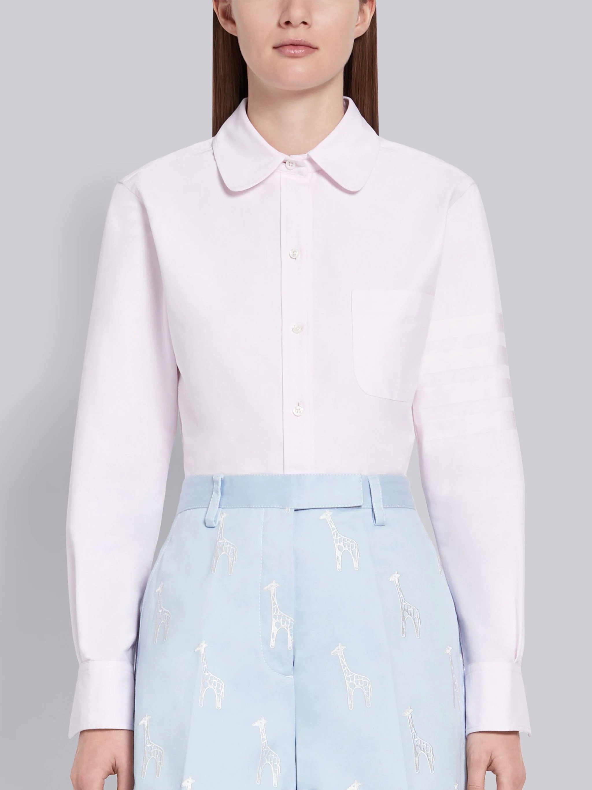 Light Pink Supima Cotton Oxford Satin Weave 4-Bar Long Sleeve Round Collar Shirt - 1
