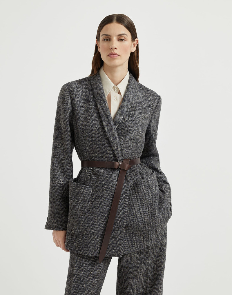 Virgin wool herringbone tweed blazer with monili and belt 1