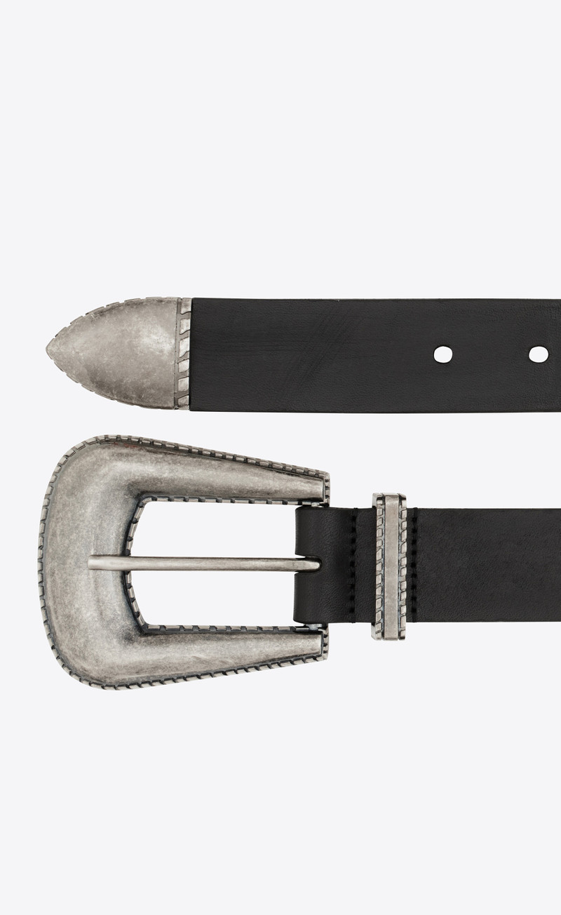 SAINT LAURENT folk buckle wide belt in leather and metal outlook