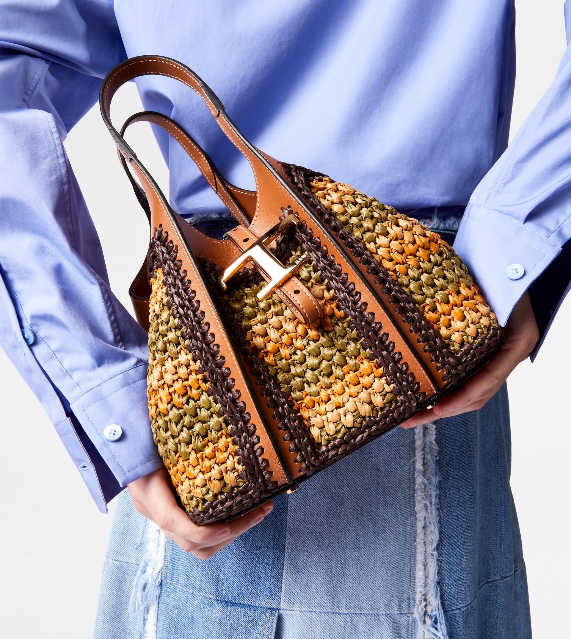T TIMELESS SHOPPING BAG IN LEATHER AND FABRIC MINI - BEIGE, ORANGE, GREEN - 2