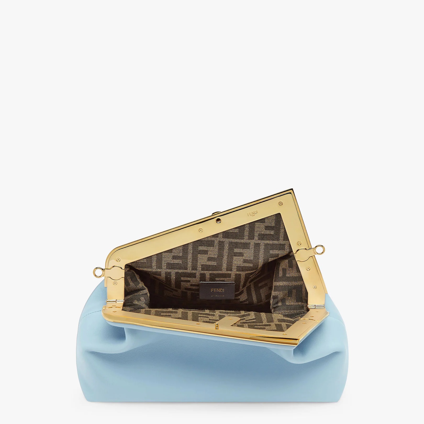 Medium Fendi First bag in light blue soft nappa leather with an oversized F metal clasp with tone on - 4