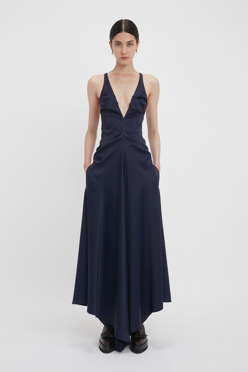 Victoria Beckham Gathered Racer Back Dress In Ink Blue outlook