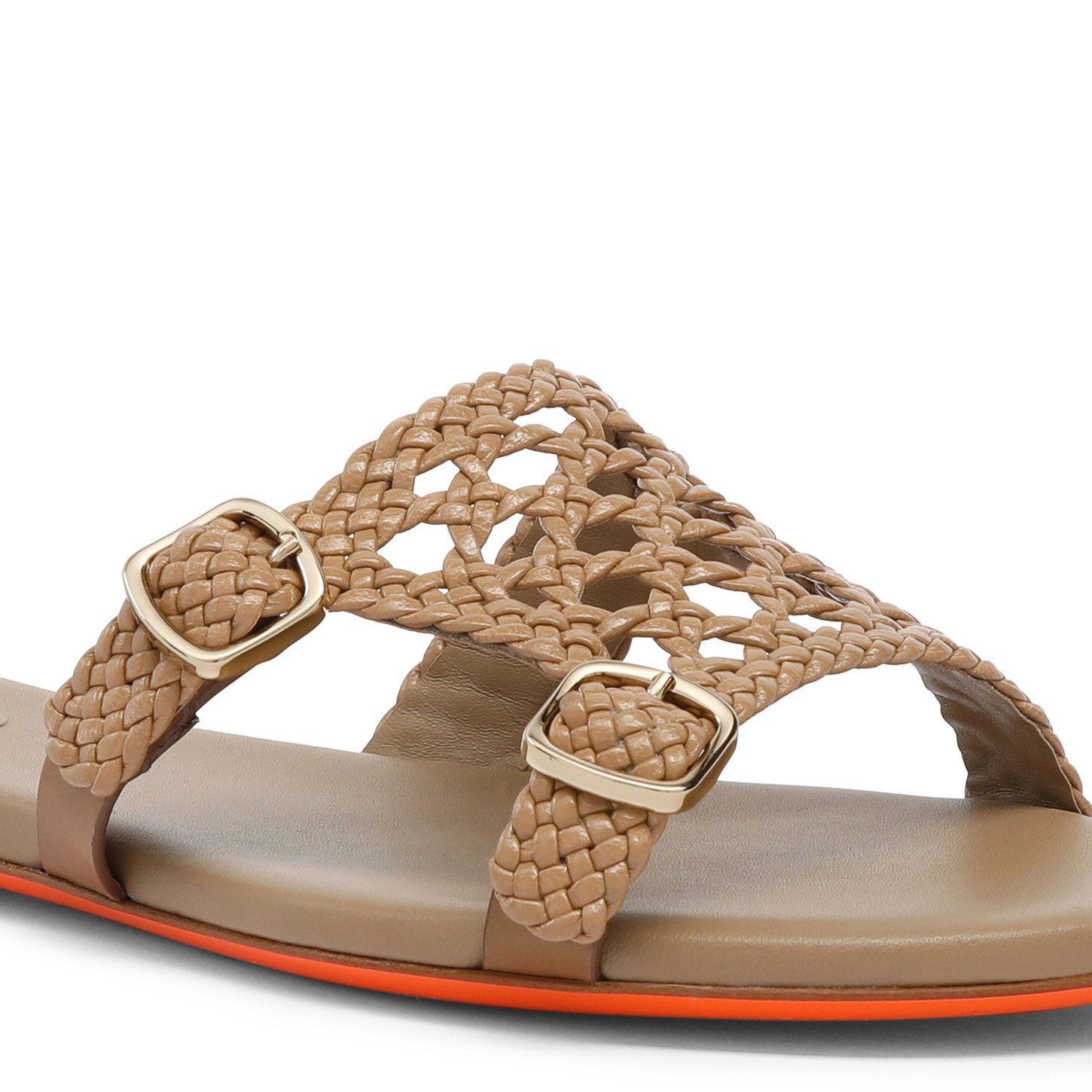 Women's beige woven leather double-buckle slide sandal - 5