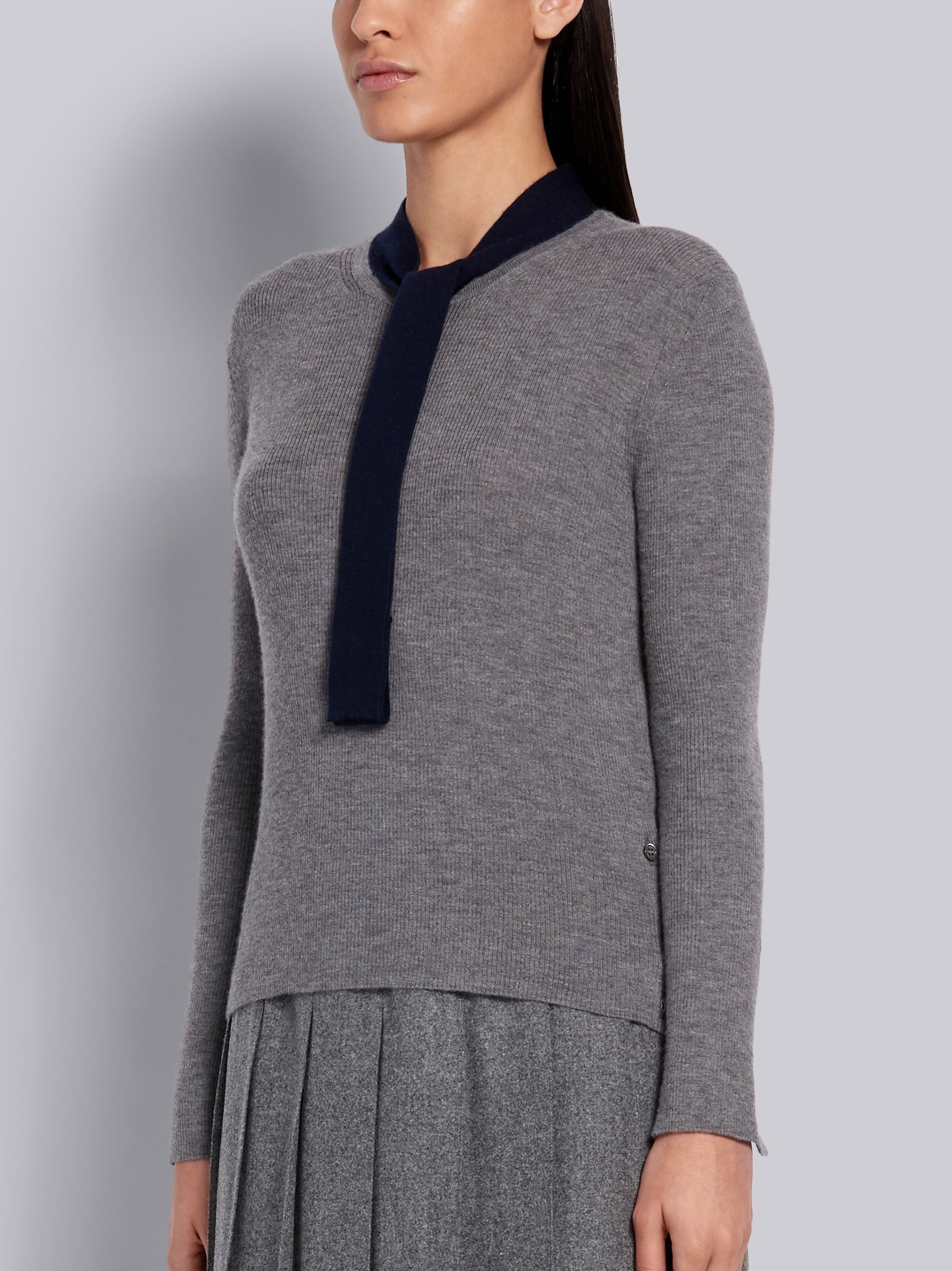 Medium Grey Cashmere Rib Neck Tie Crewneck Pullover - 2