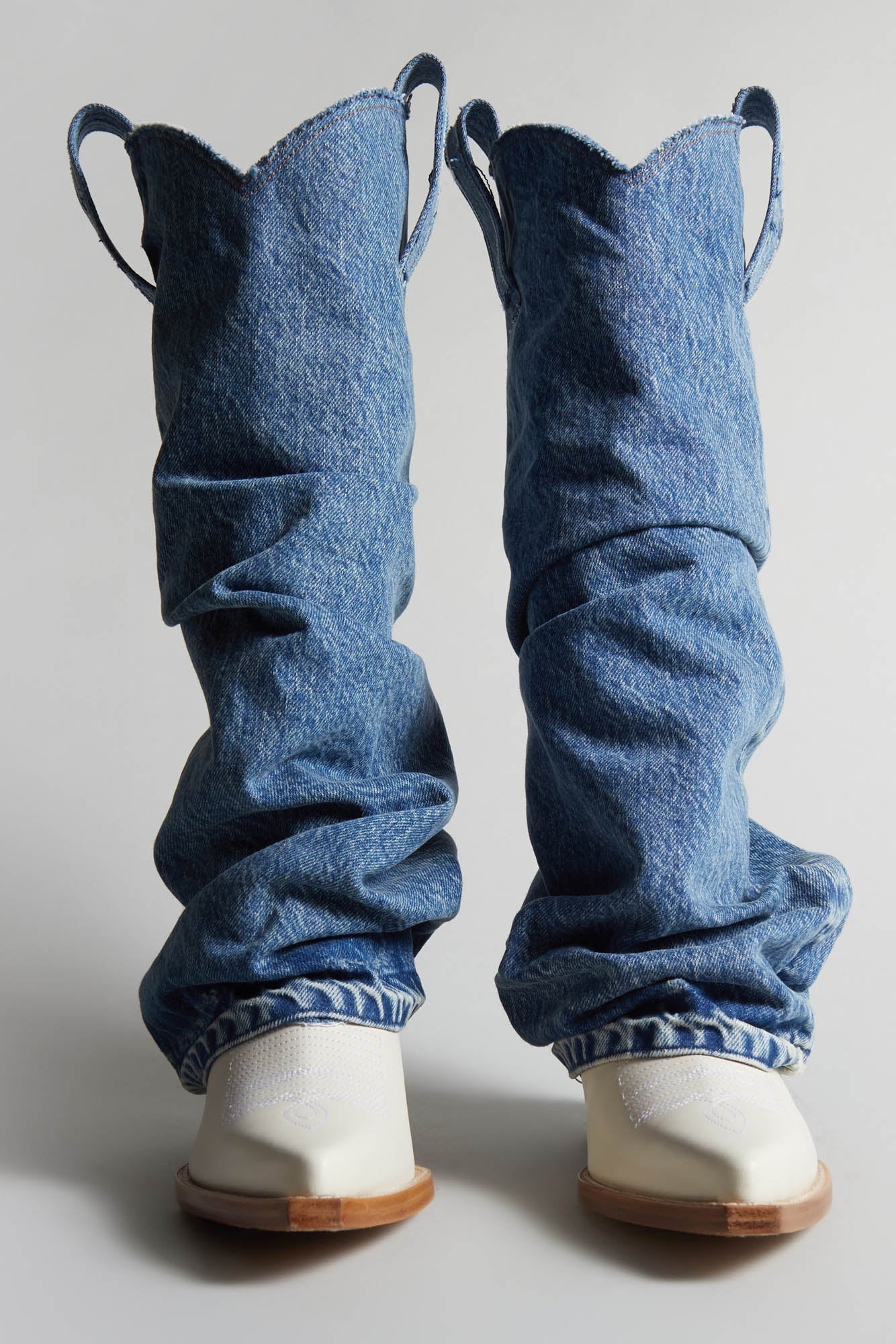 MID COWBOY BOOTS WITH DENIM SLEEVE - BLUE AND WHITE - 2