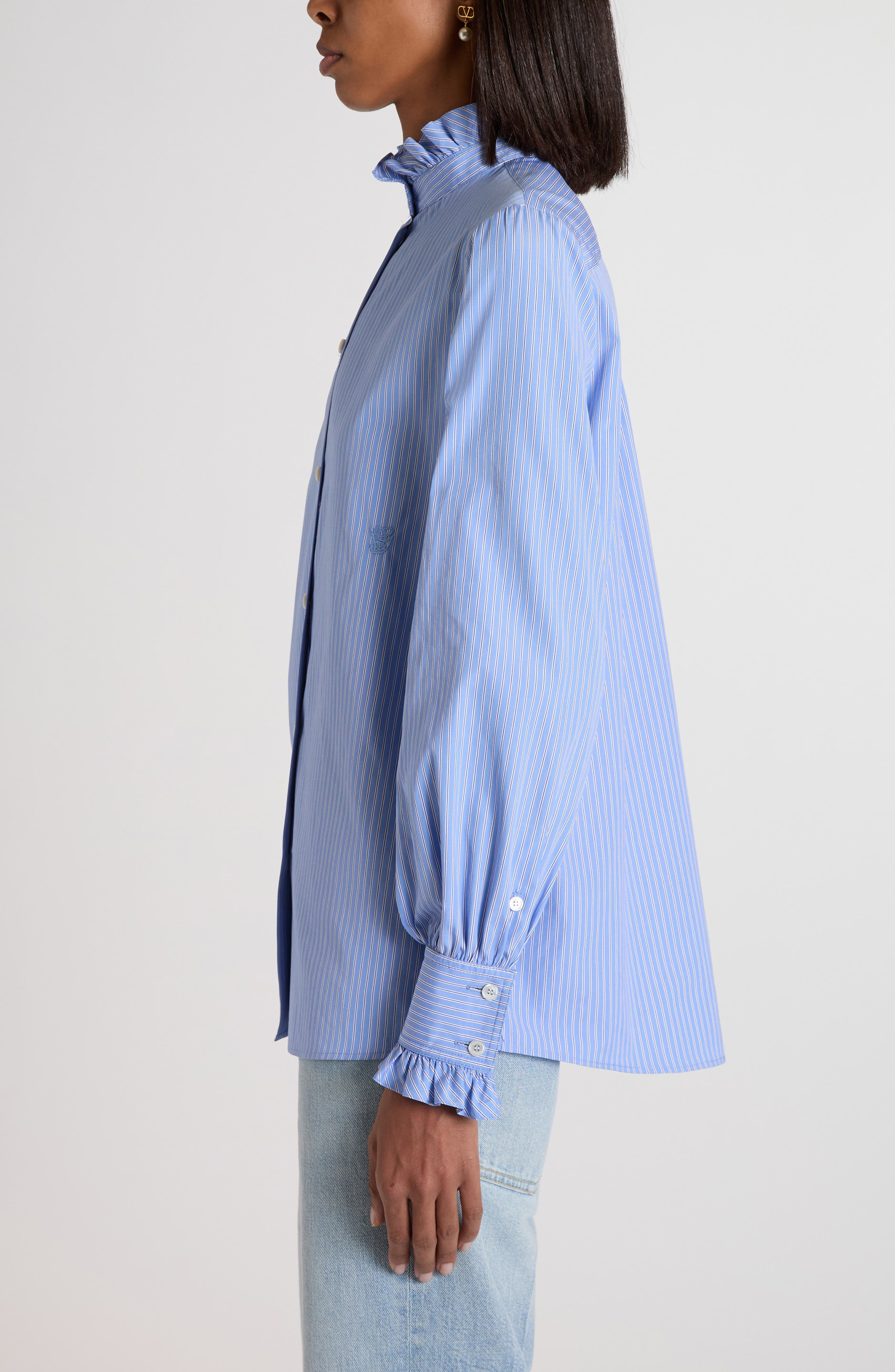 Valentino Garavani Classic Stripe Cotton Poplin Shirt in Lilac/White at Nordstrom - 4