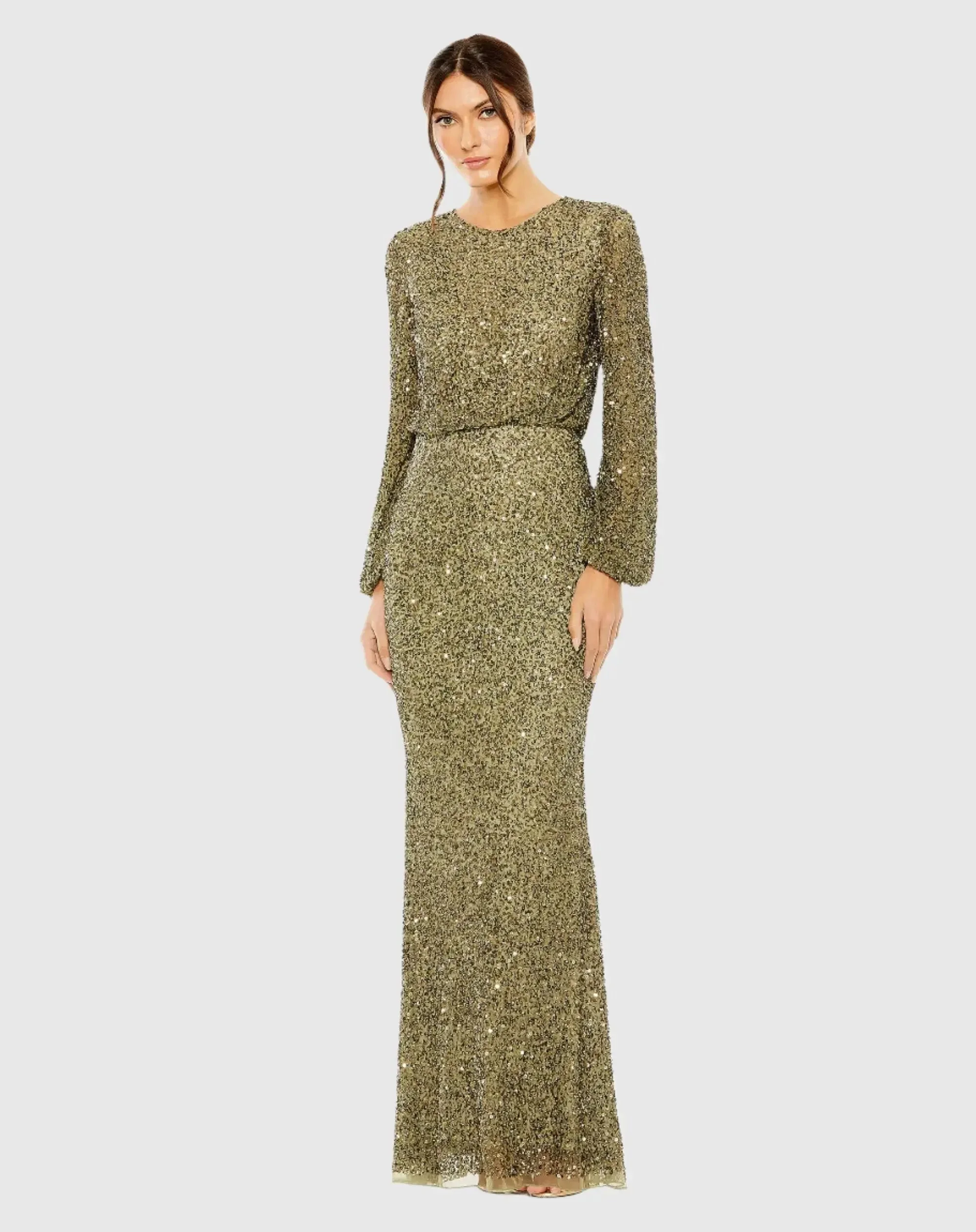 Olive High Neck Long Sleeve Embellished Blouson Gown - 1