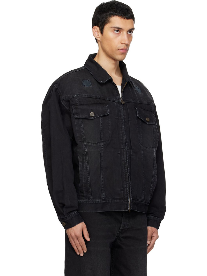 Black Appliqué Biker Crosses Zip Denim Jacket 2