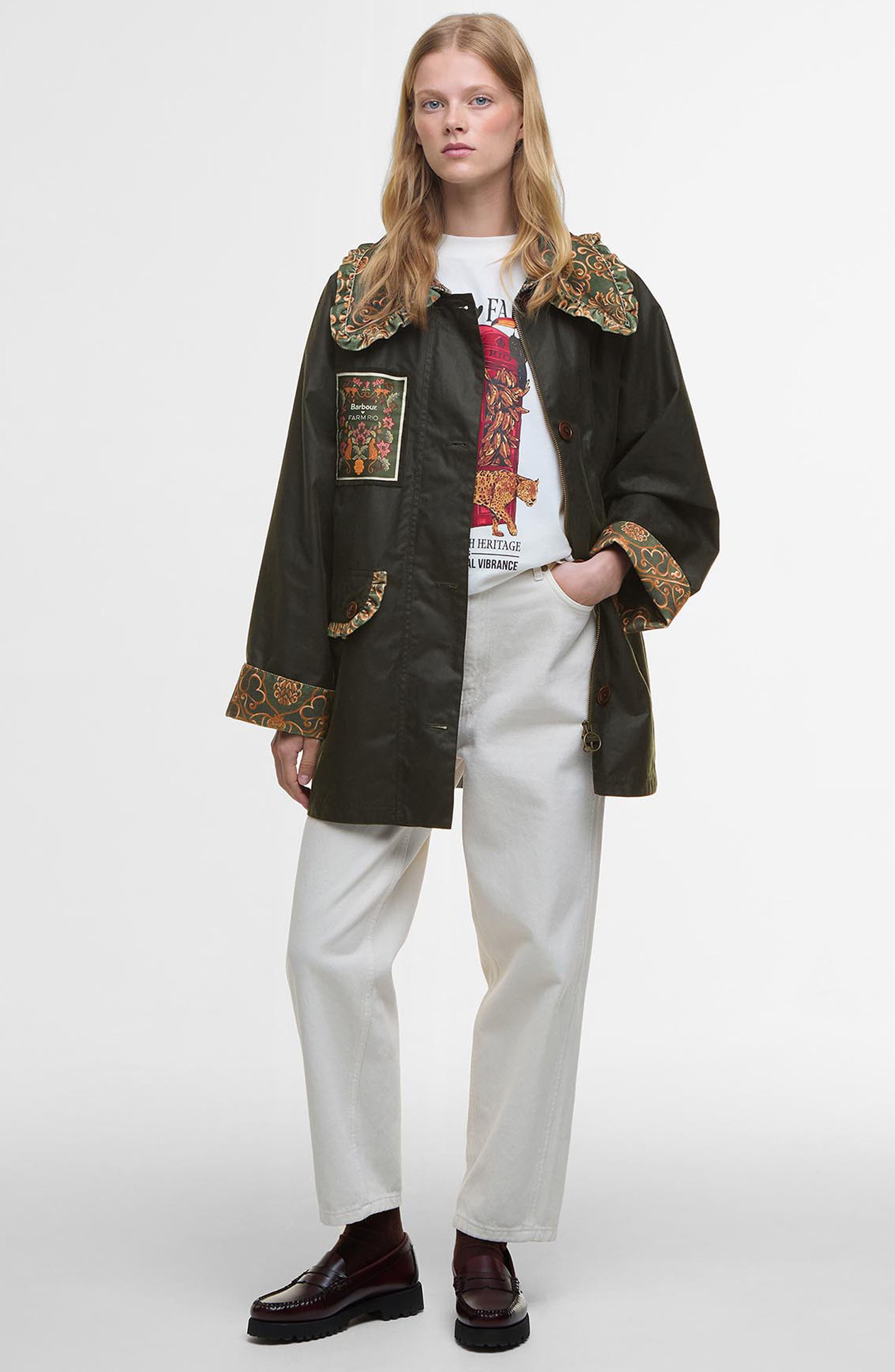 Barbour x FARM Rio Maria-Clara Waxed Jacket in Fern/Green Heart Print at Nordstrom - 8