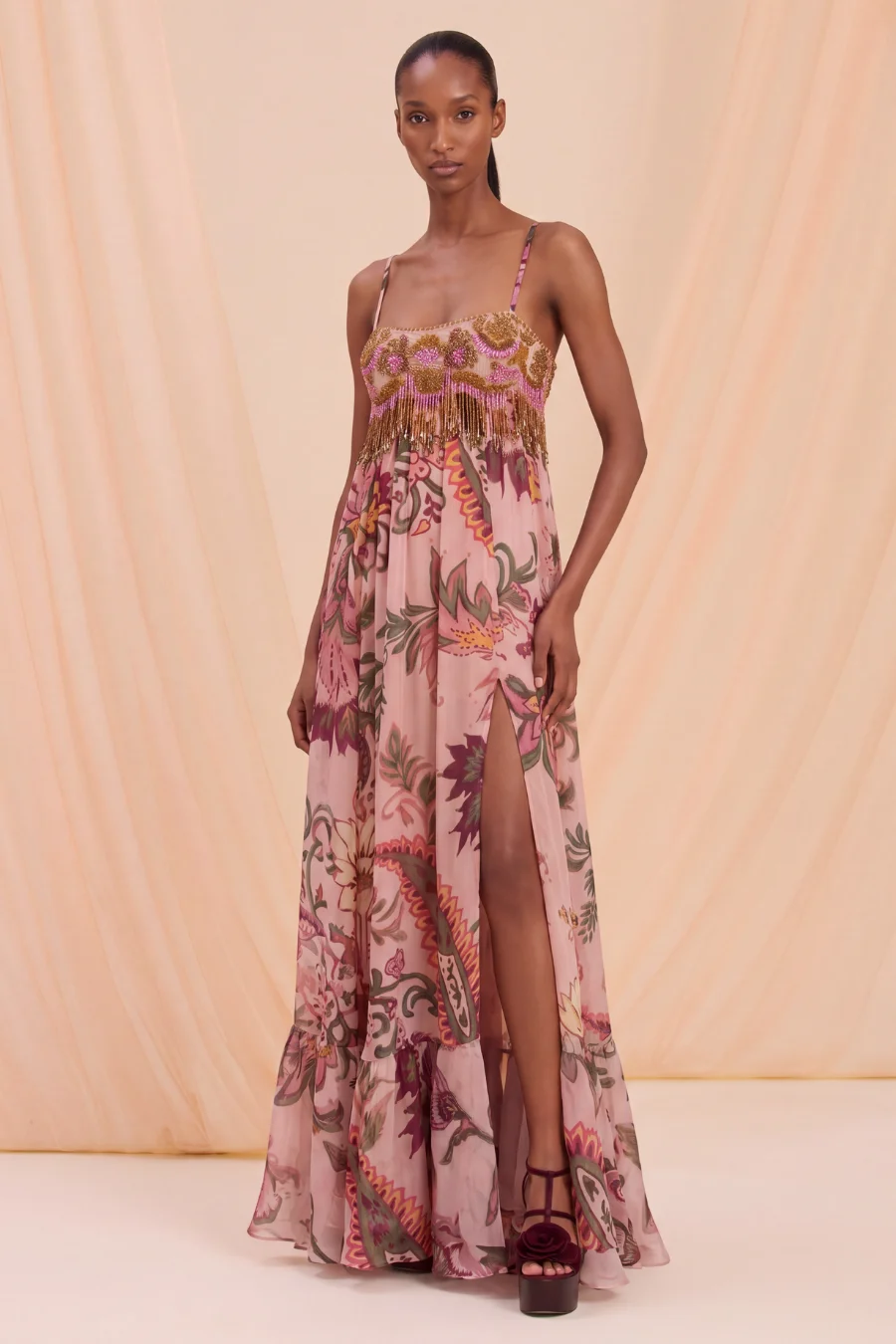 BOHO PRINTED EMBROIDERED SLIP GOWN - 1