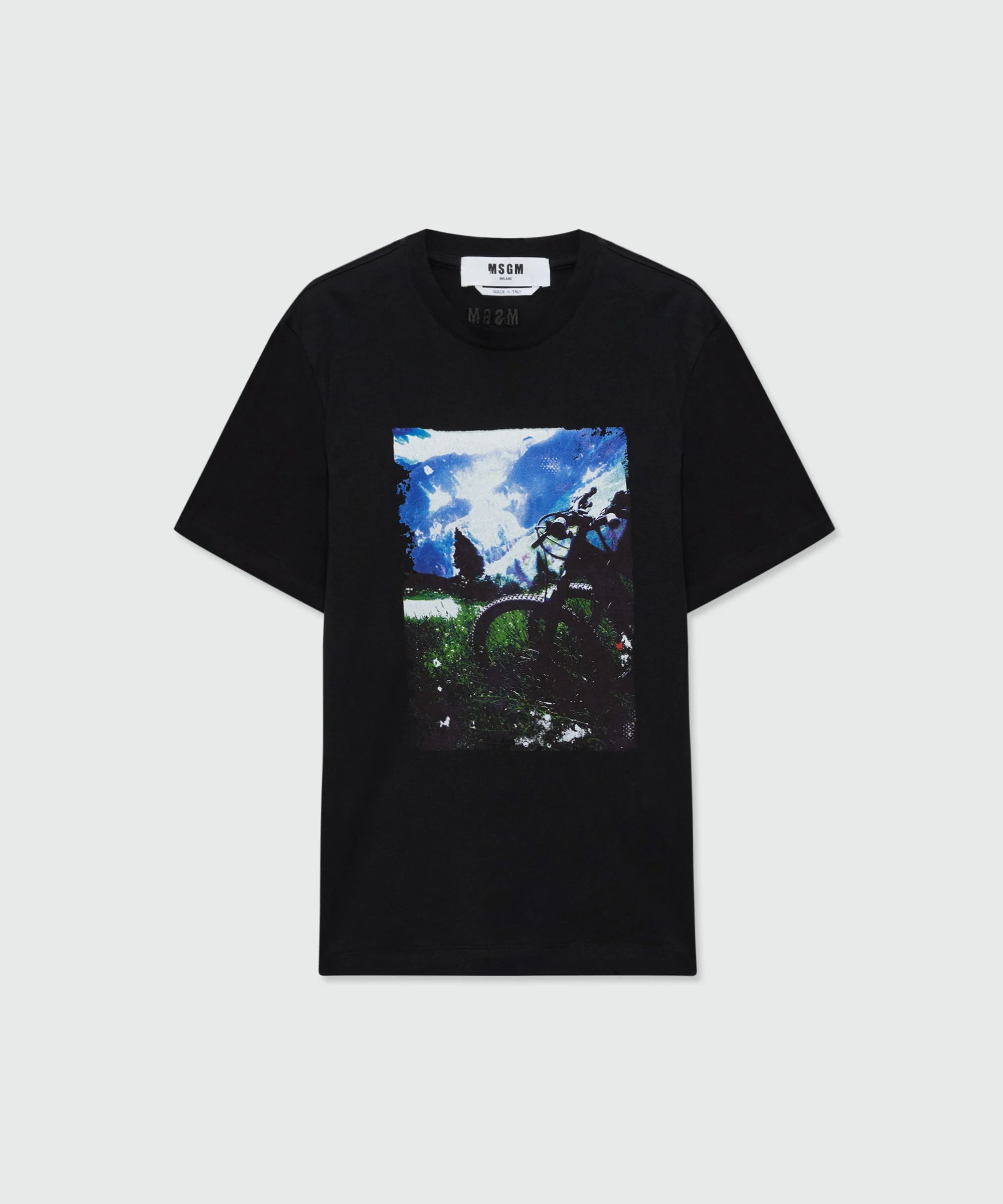 Black short-sleeve cotton jersey crew-neck T-shirt with front print - 1