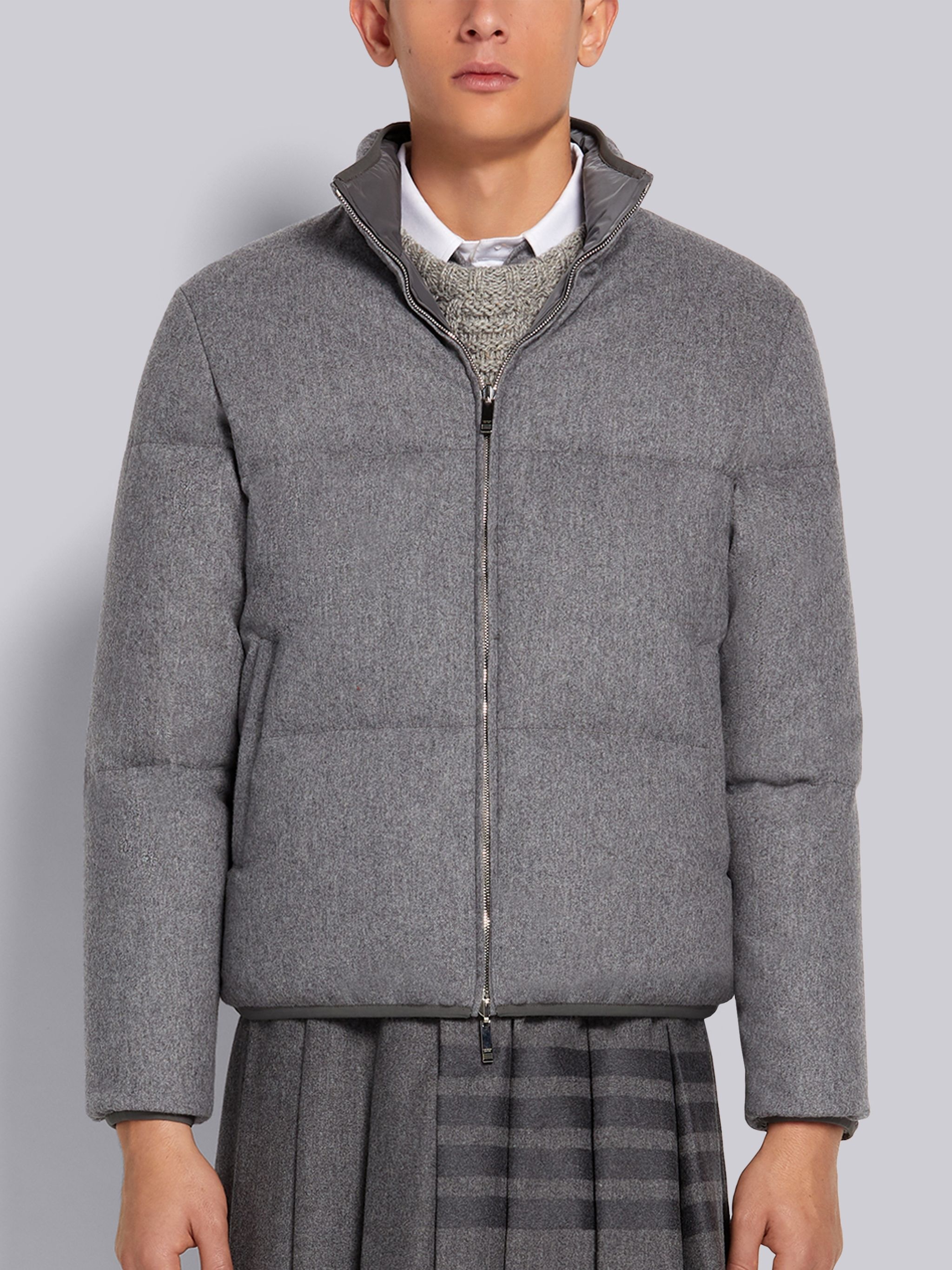 Medium Grey Lightweight Boiled Wool Engineered Stripe Reversible Funnel Neck Zip-up Jacket - 1