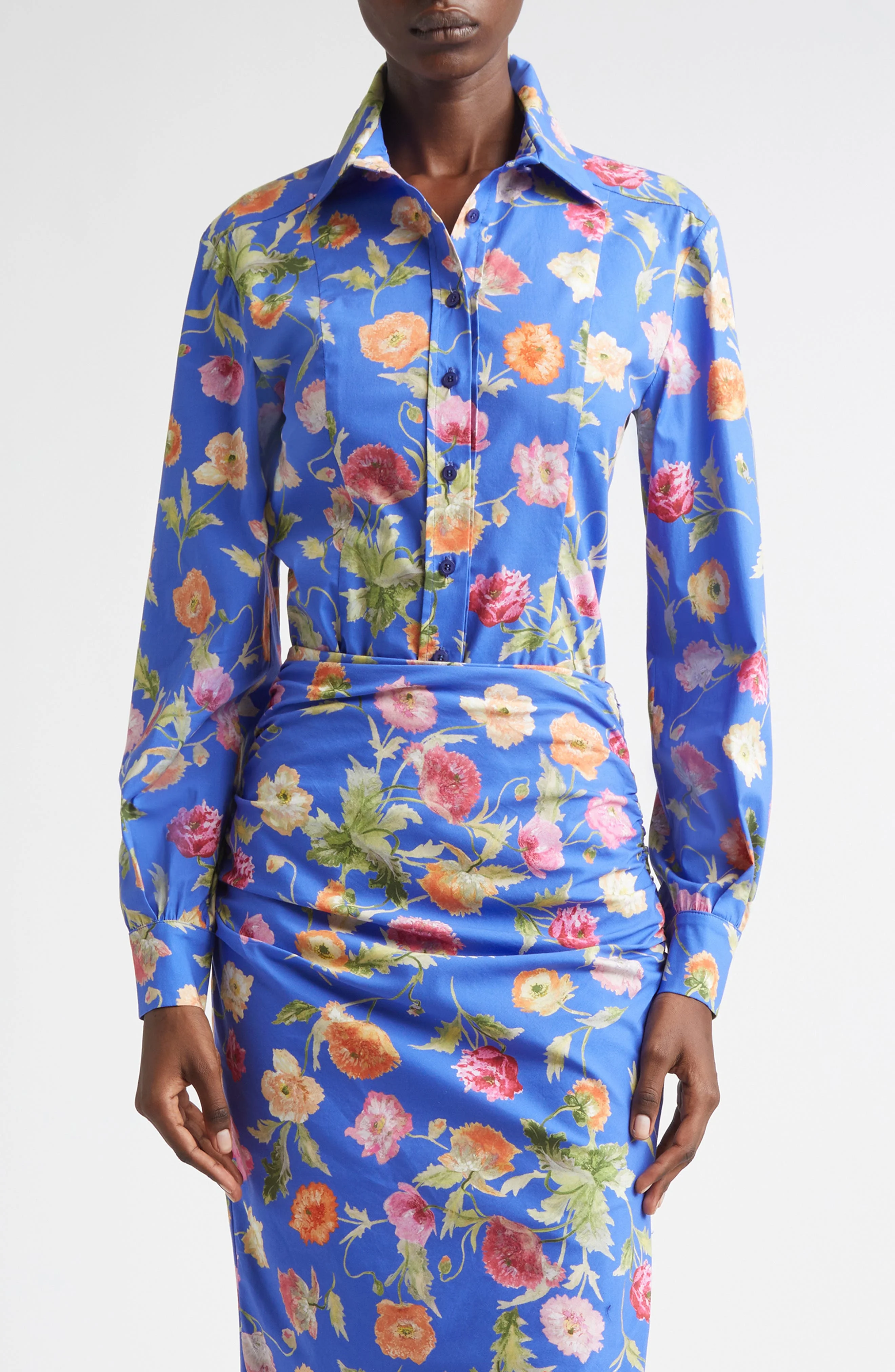 Carolina Herrera Poppy Print Button-Up Shirt in Bluebell Multi at Nordstrom - 1
