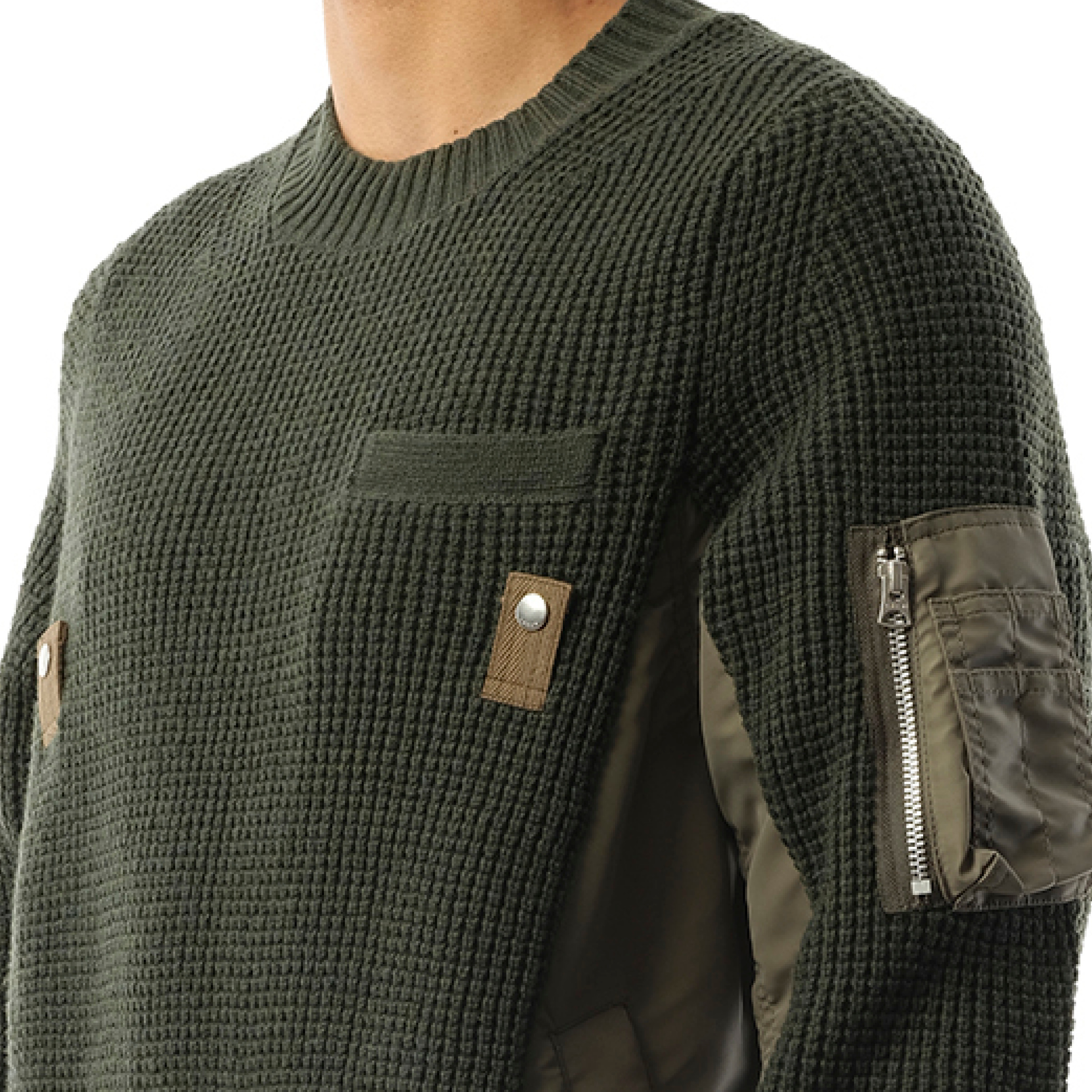 Nylon Twill x Wool Knit Pullover in Khaki - 3