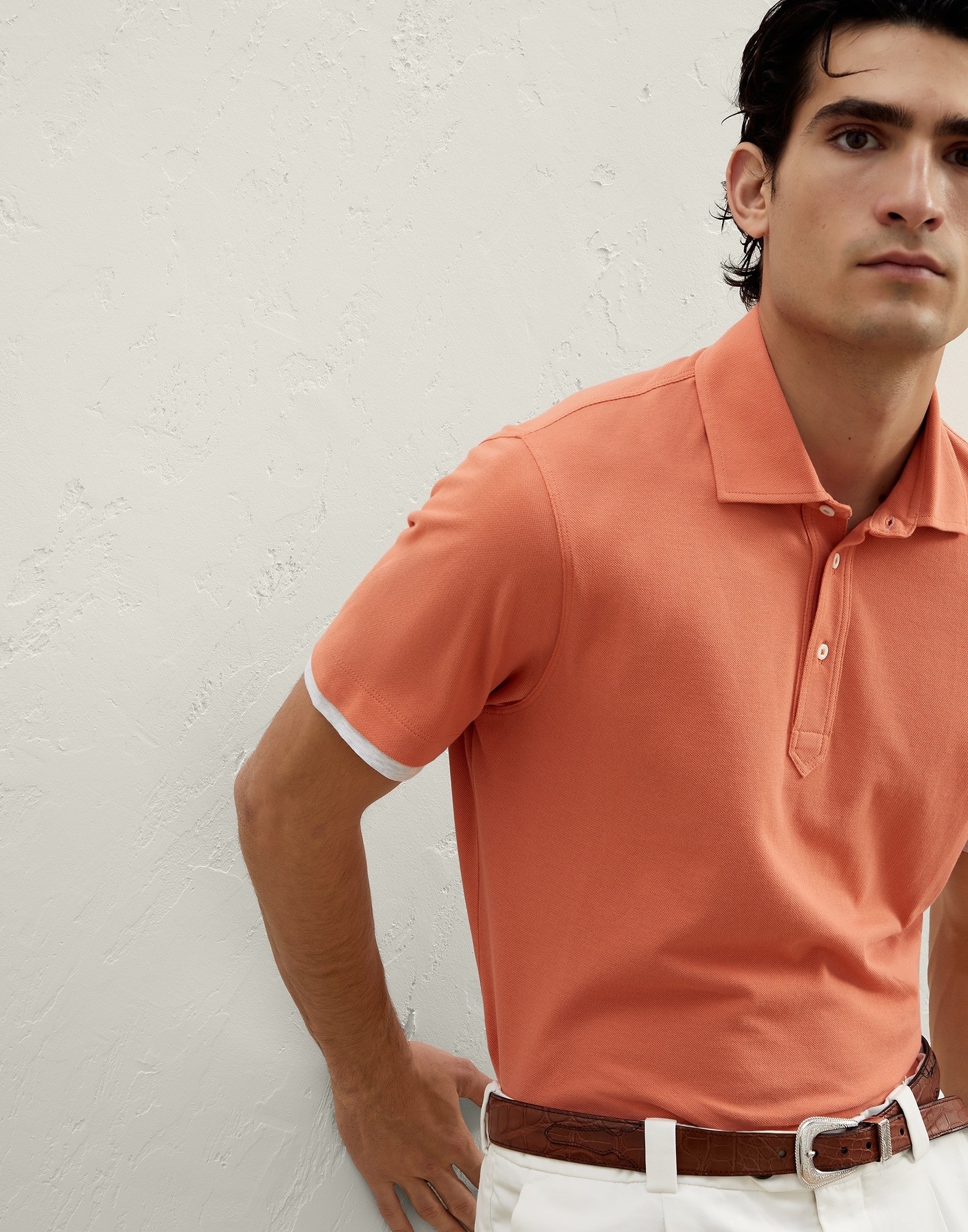 Cotton piqué slim fit polo with shirt-style collar and faux-layering - 4