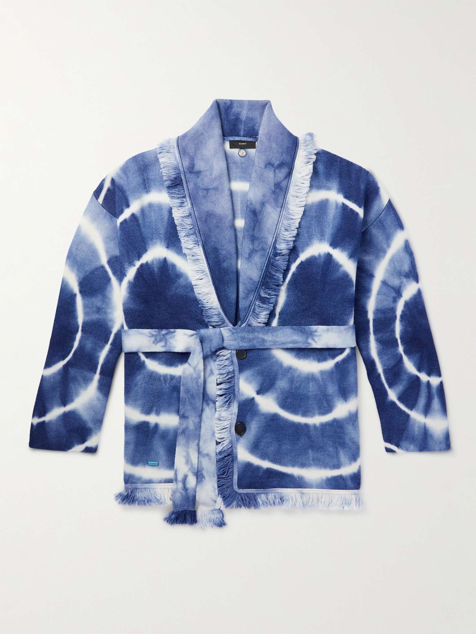 Shawl-Collar Fringed Belted Tie-Dyed Wool Cardigan - 1