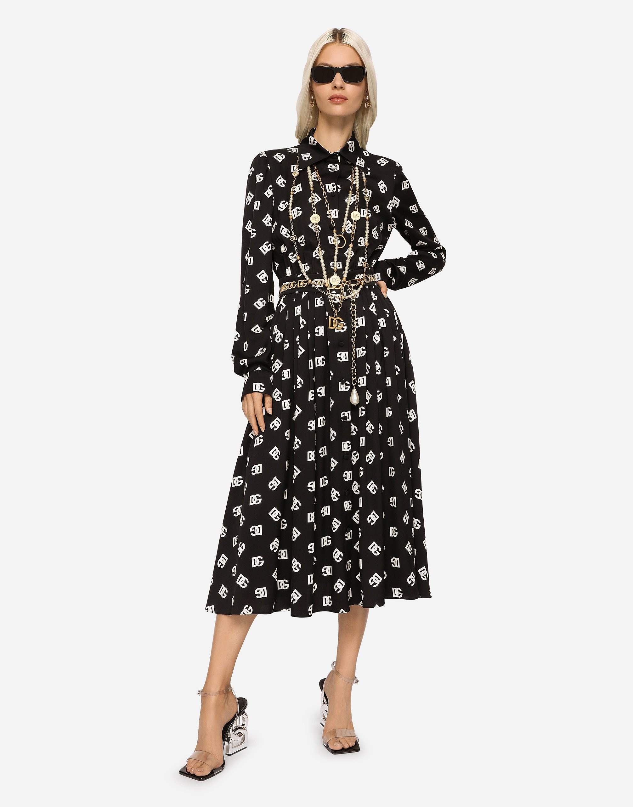 Charmeuse calf-length dress with all-over DG print - 2